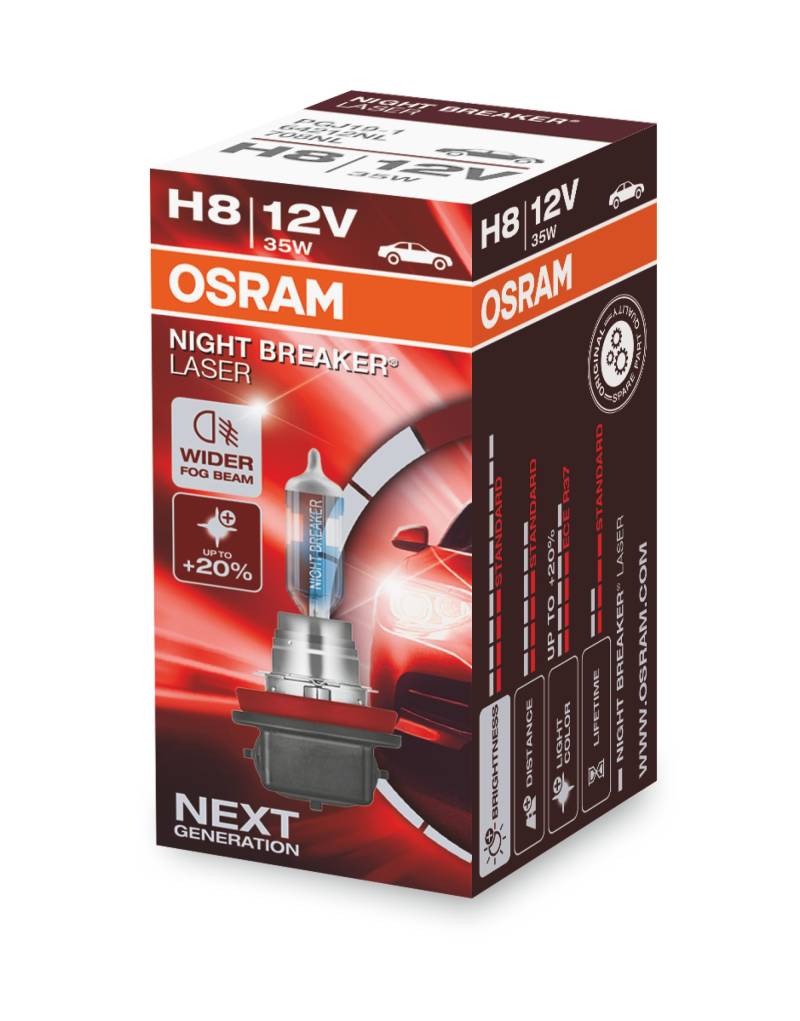 OSRAM NIGHT BREAKER LASER H8, +150% mehr Helligkeit, Halogen-Scheinwerferlampe, 64212NL, 12V PKW, Faltschachtel (1 Lampe) von Osram