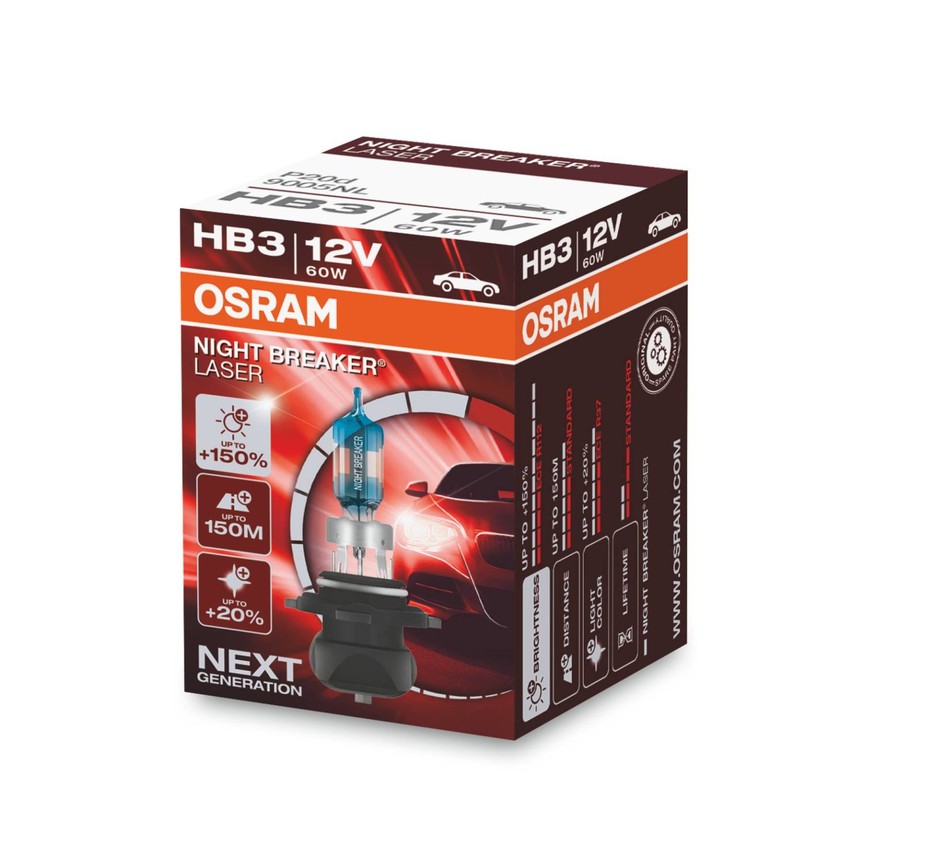 OSRAM NIGHT BREAKER LASER HB3, +150% mehr Helligkeit, Halogen-Scheinwerferlampe, 9005NL, 12V PKW, Faltschachtel (1 Lampe) von Osram