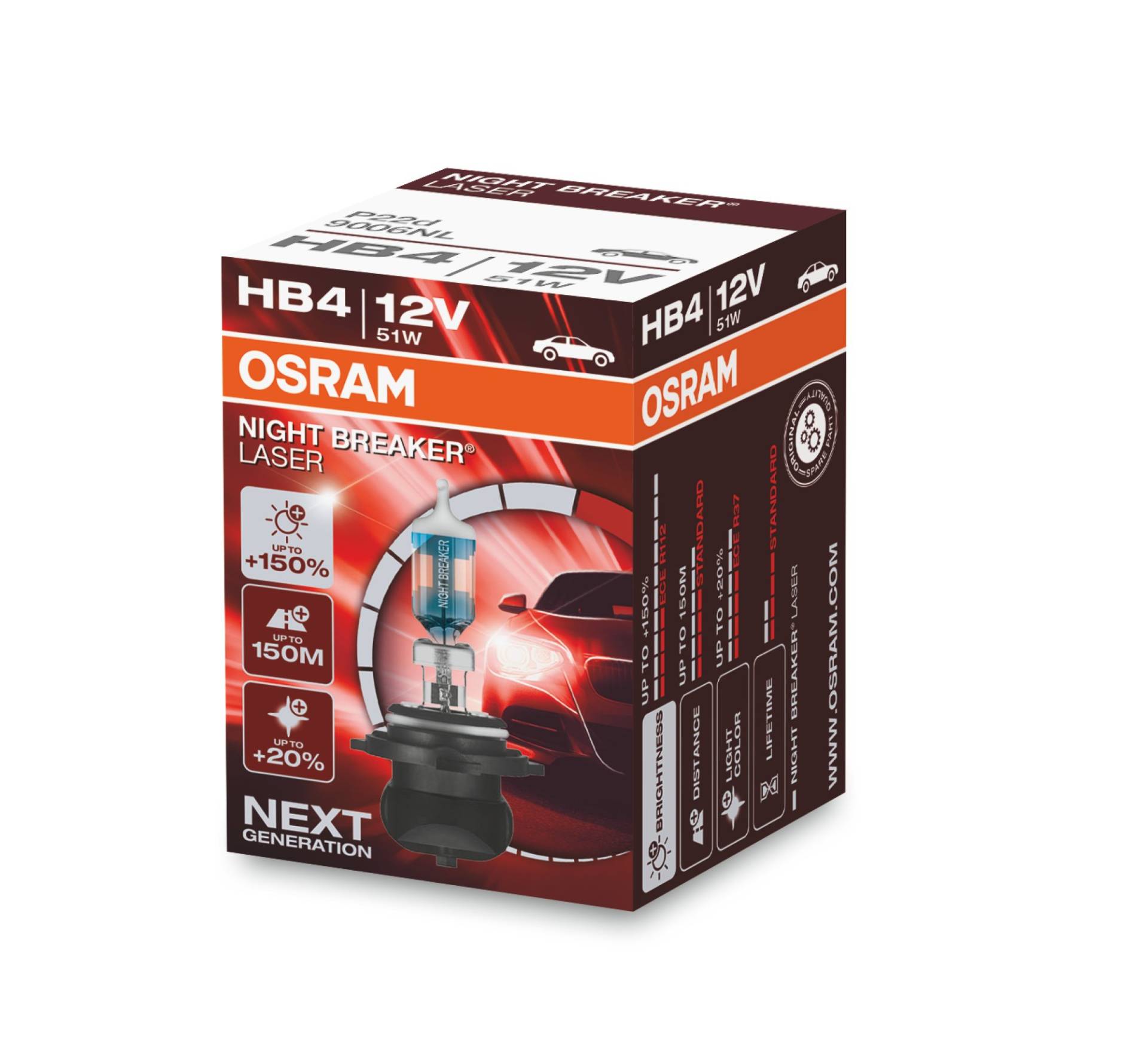 OSRAM NIGHT BREAKER LASER HB4, +150% mehr Helligkeit, Halogen-Scheinwerferlampe, 9006NL, 12V PKW, Faltschachtel (1 Lampe) von Osram