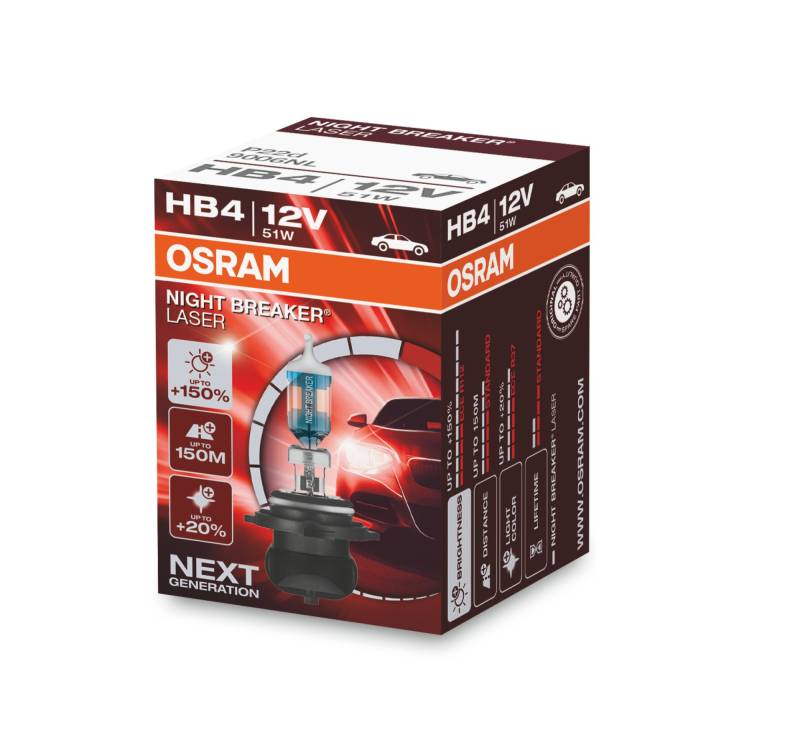 OSRAM NIGHT BREAKER LASER HB4, +150% mehr Helligkeit, Halogen-Scheinwerferlampe, 9006NL, 12V PKW, Faltschachtel (1 Lampe) von Osram