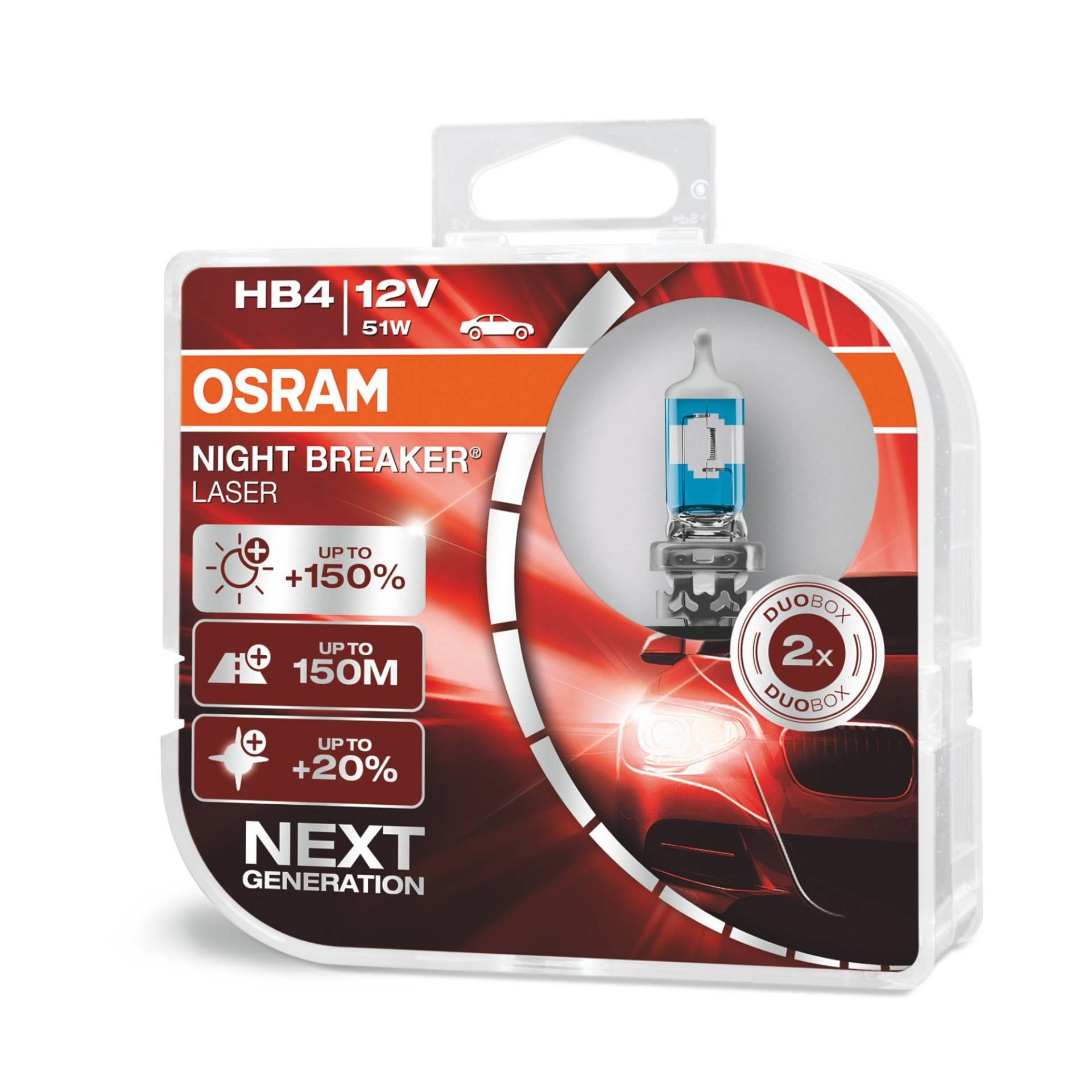 OSRAM NIGHT BREAKER LASER HB4, +150% mehr Helligkeit, Halogen-Scheinwerferlampe, 9006NL-HCB, 12V PKW, Duo Box (2 Lampen) von Osram
