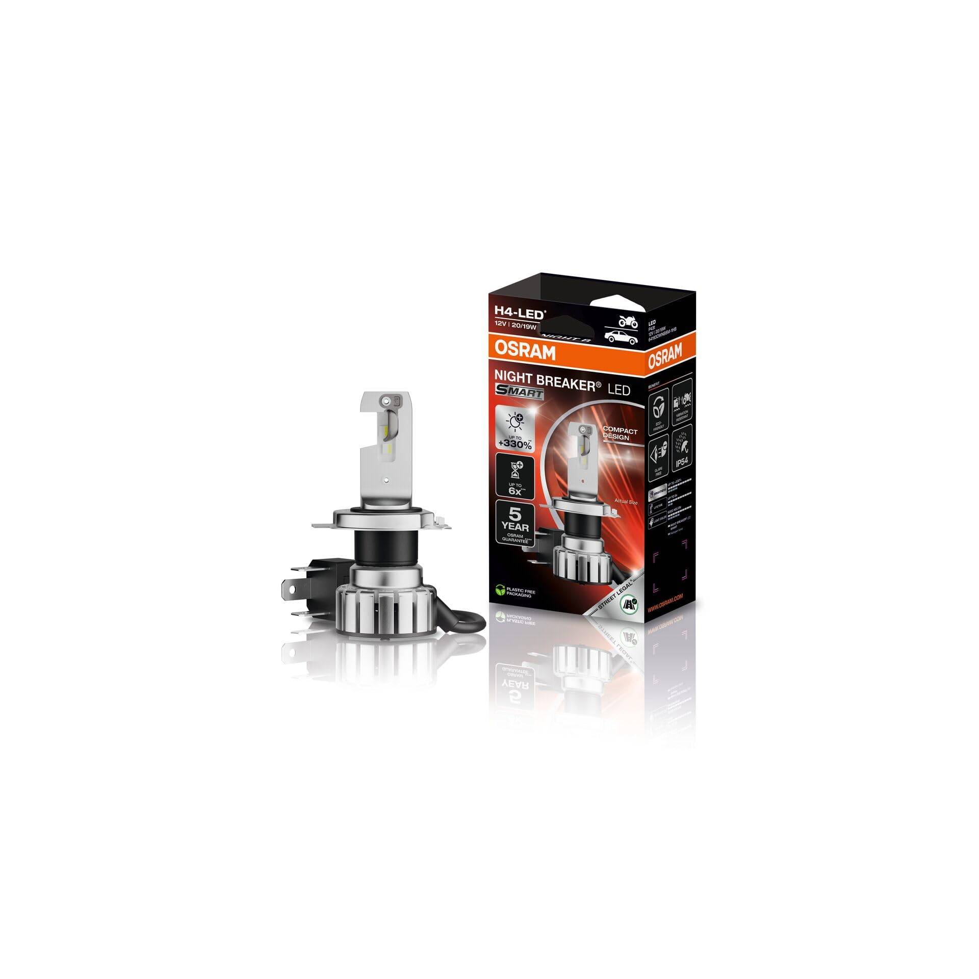 OSRAM NIGHT BREAKER LED SMART H4 für Motorräder; bis zu 330% mehr Helligkeit; 6000K, LED-Nachrüstlampe für Motorräder mit Straßenzulassung, white OSRAM NIGHT BREAKER LED SMART H4 für Motorräder; bis zu 330% mehr Helligkeit; 6000K, LED-Nachrüstlampe für Motorräder mit Straßenzulassung, white von Osram