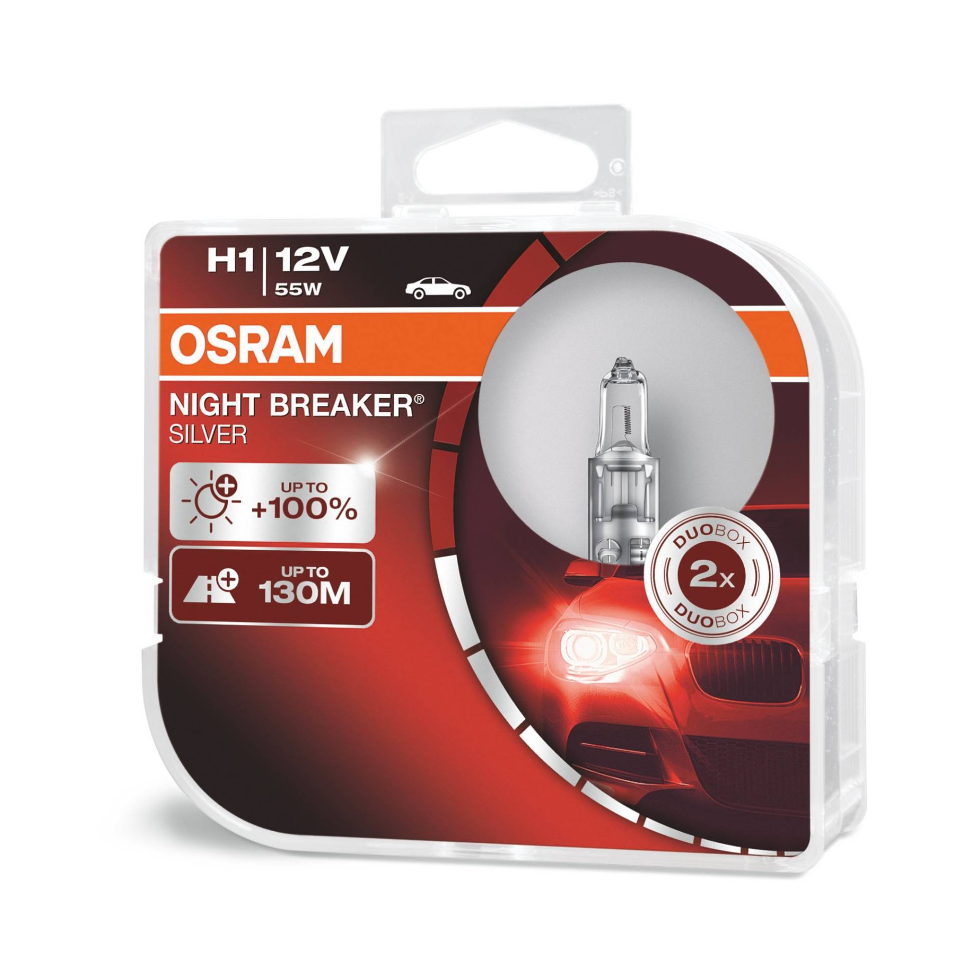 Osram Night Breaker Silver H1, +100% mehr Helligkeit, Halogen-Scheinwerferlampe, 64150NBS-HCB, 12V Pkw, Duo Box (2 Lampen) von Osram