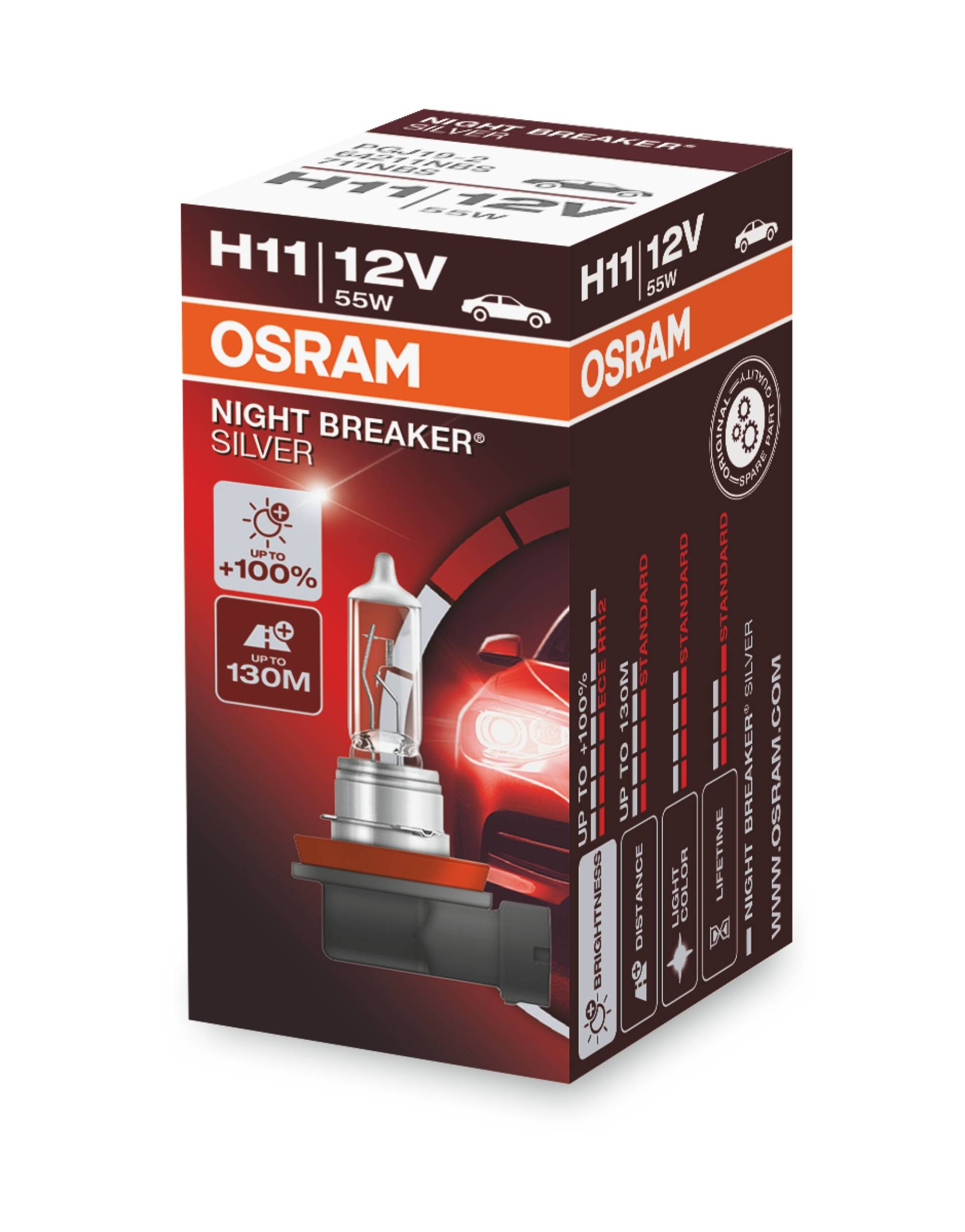 Osram Night Breaker Silver H11, +100% mehr Helligkeit, Halogen-Scheinwerferlampe, 64211NBS, 12V Pkw, Faltschachtel (1 Lampe) von Osram