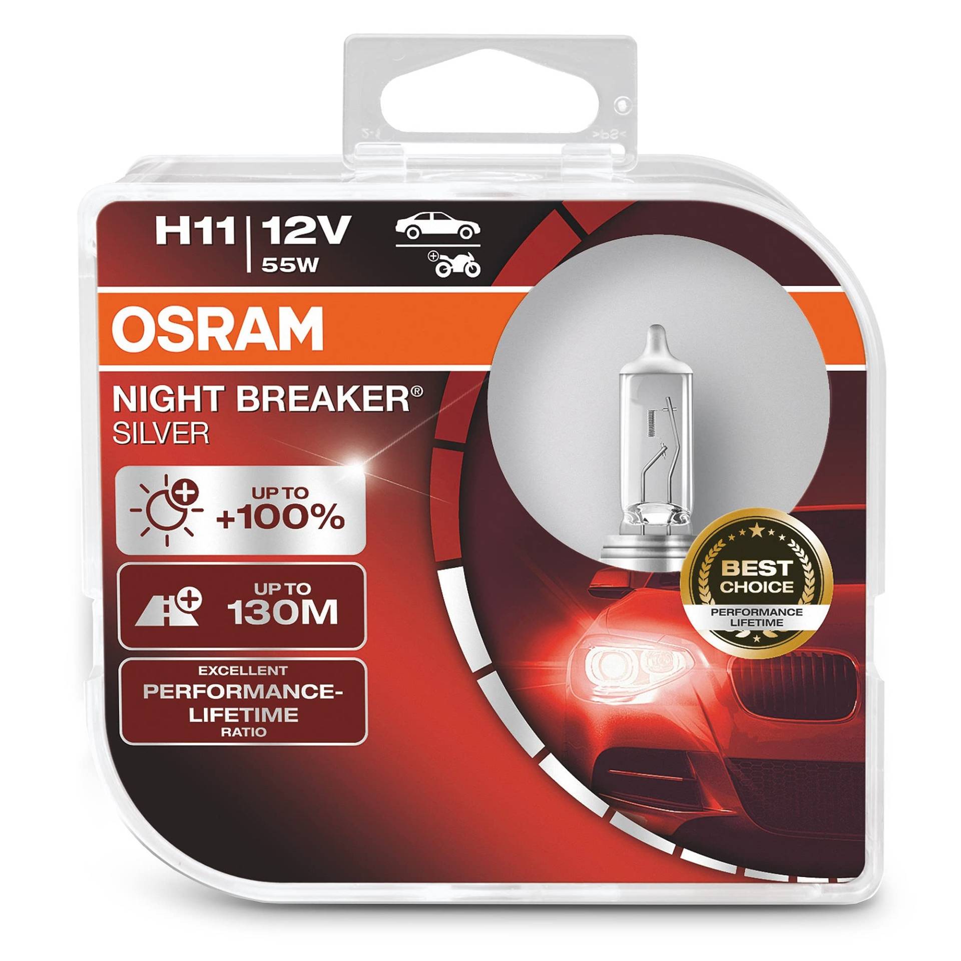 Osram Night Breaker Silver H11, +100% mehr Helligkeit, Halogen-Scheinwerferlampe, 64211NBS-HCB, 12V Pkw, Duo Box (2 Lampen) von Osram