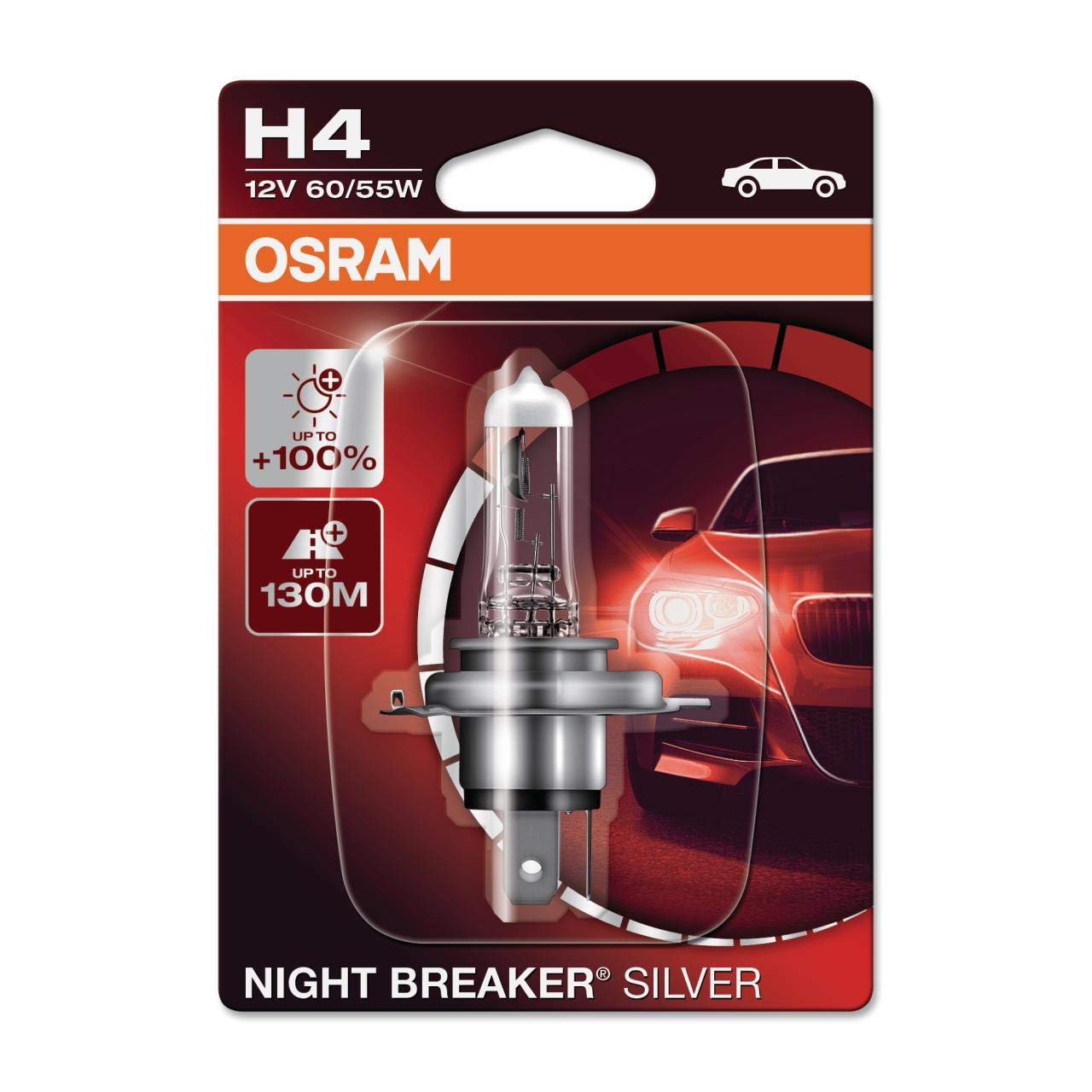 Osram Night Breaker Silver H4, +100% mehr Helligkeit, Halogen-Scheinwerferlampe, 64193NBS-01B, 12V Pkw, Einzelblister (1 Lampe) von Osram