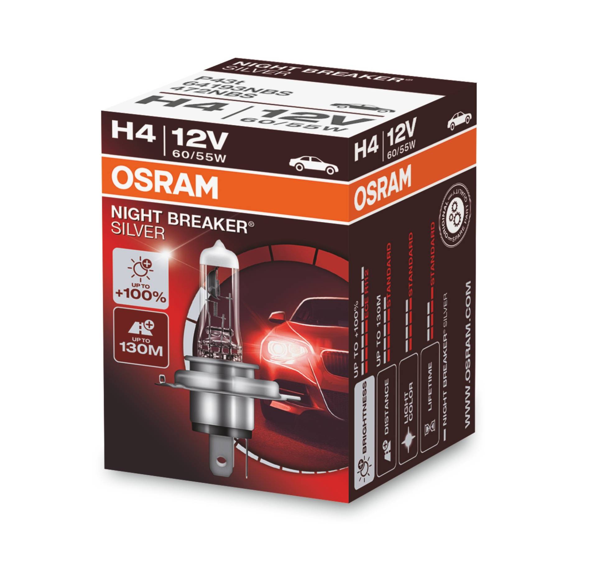 Osram Night Breaker Silver H4, +100% mehr Helligkeit, Halogen-Scheinwerferlampe, 64193NBS, 12V Pkw, Faltschachtel (1 Lampe) von Osram