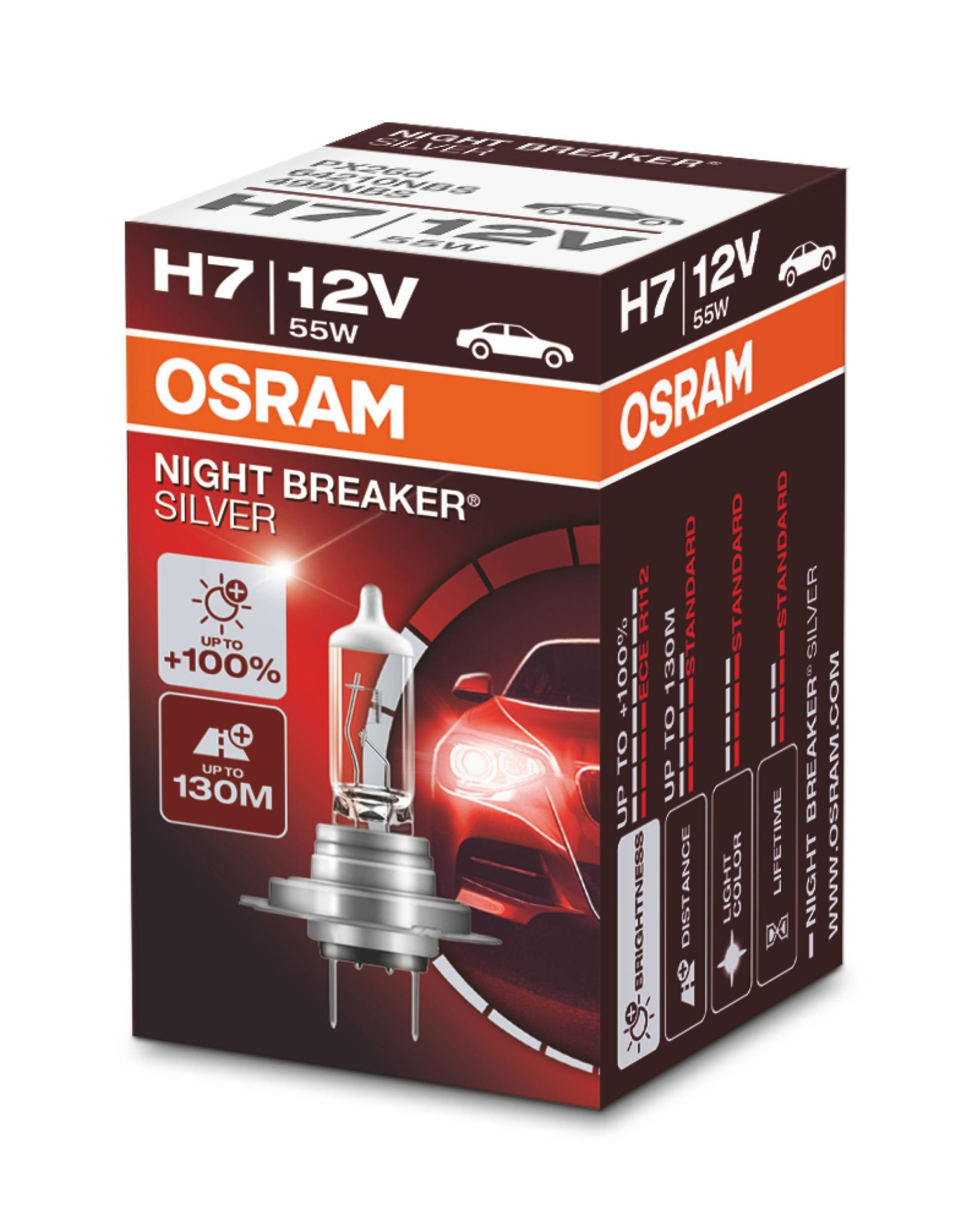 Osram Night Breaker Silver H7, +100% mehr Helligkeit, Halogen-Scheinwerferlampe, 64210NBS, 12V Pkw, Faltschachtel (1 Lampe) von Osram