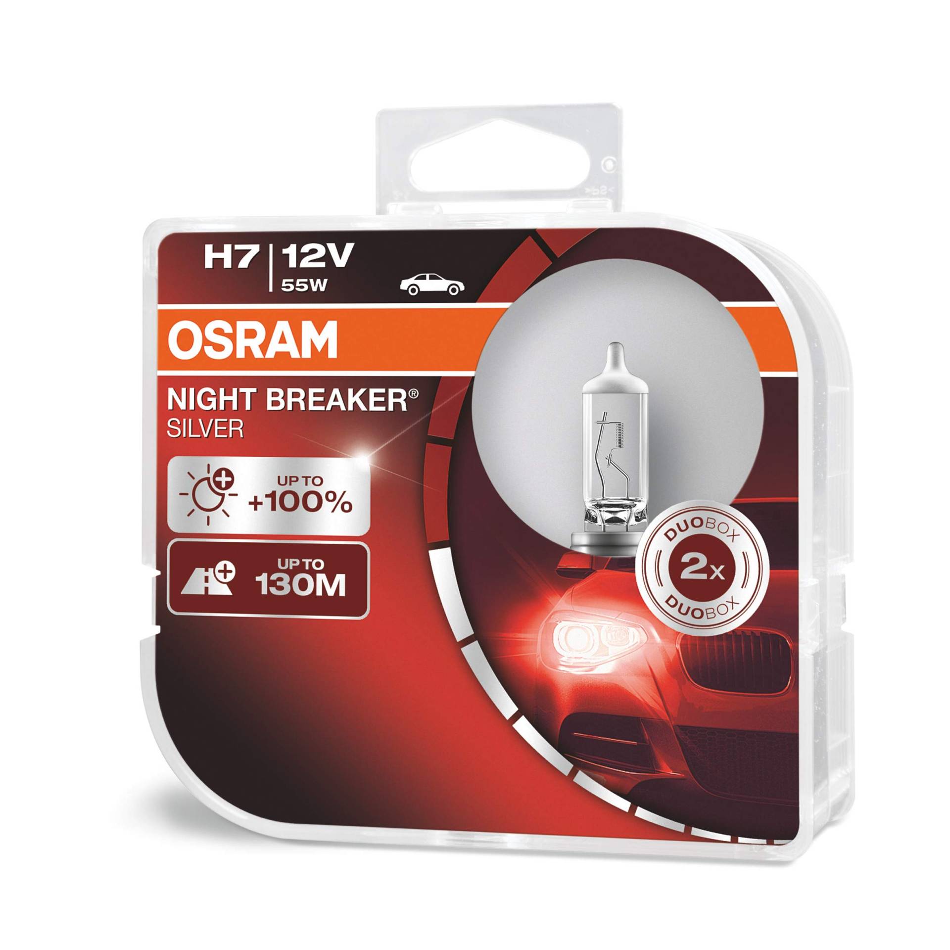 Osram Night Breaker Silver H7, +100% mehr Helligkeit, Halogen-Scheinwerferlampe, 64210NBS-HCB, 12V Pkw, Duo Box (2 Lampen) von Osram