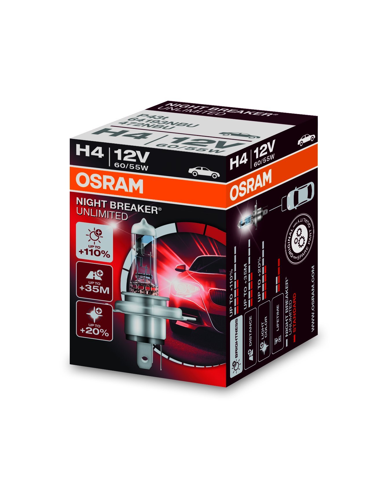 Osram Night Breaker Unlimited Halogen Birne - H4 - 12V/60-55W - pro Stück von Osram