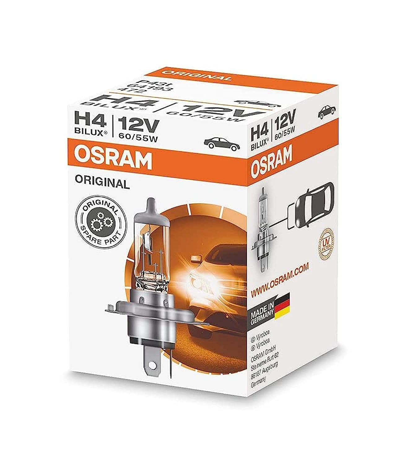 Osram ORIGINAL H4, Halogen-Scheinwerferlampe, 64193, 12V PKW, Faltschachtel (1 Stück) von Osram