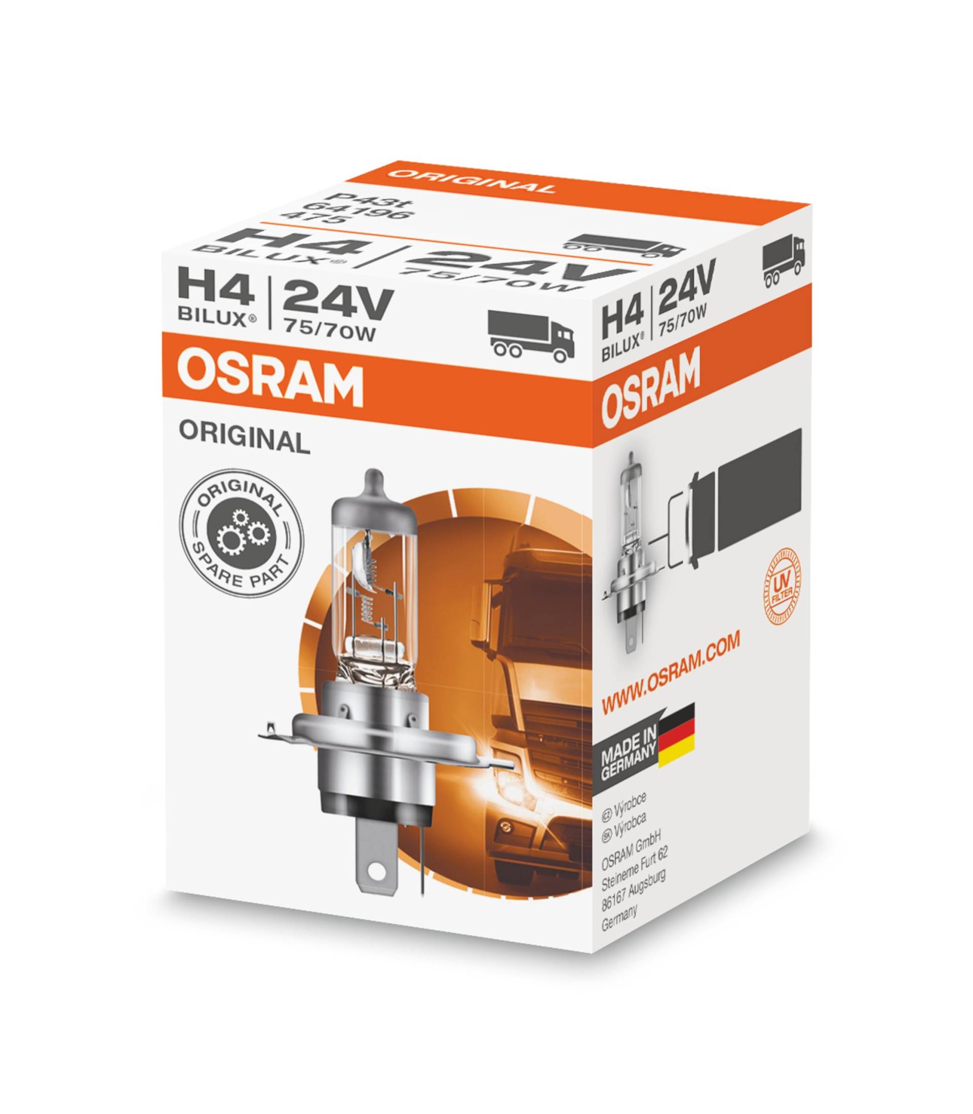 OSRAM ORIGINAL H4 für LKW, 64196, 24V, Faltschachtel (1 Lampe) von Osram