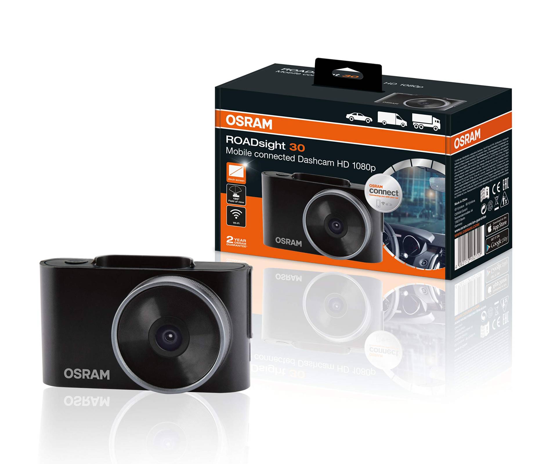 OSRAM ROADsight 30, Dashcam Frontkamera, Full HD 1080p, 30fps, 2 Zoll Display, 130° Weitwinkel, WLAN-fähig, App-fähig, G-Sensor, Parkmodus von Osram