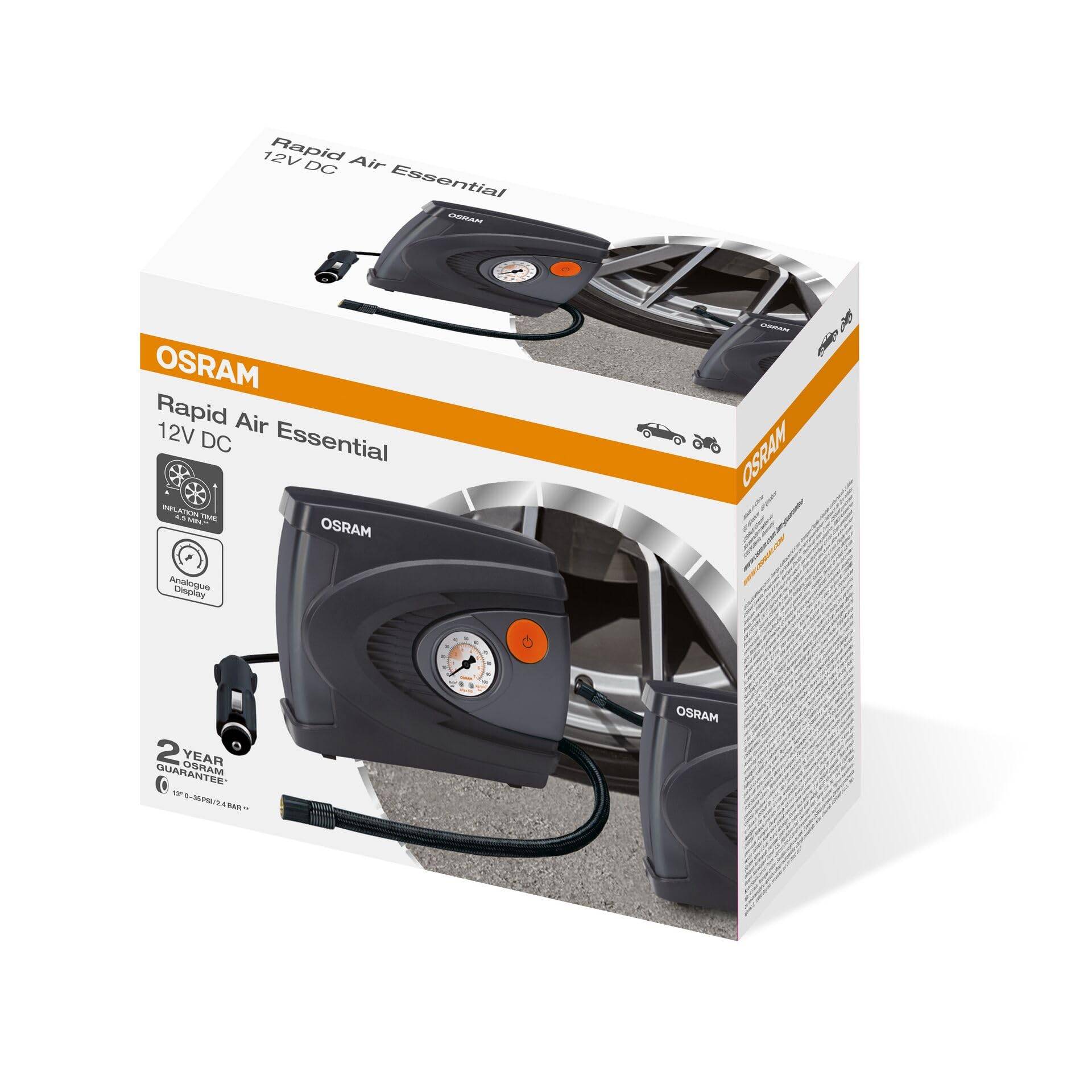OSRAM Rapid Air Essential, kompakter analoger Reifenfüller, pumpt einen Reifen in 4,5 Minuten auf, OTI610, Stromversorgung über 12-V-Steckdose im Auto OSRAM Rapid Air Essential, kompakter analoger Reifenfüller, pumpt einen Reifen in 4,5 Minuten auf, OTI610, Stromversorgung über 12-V-Steckdose im Auto von Osram