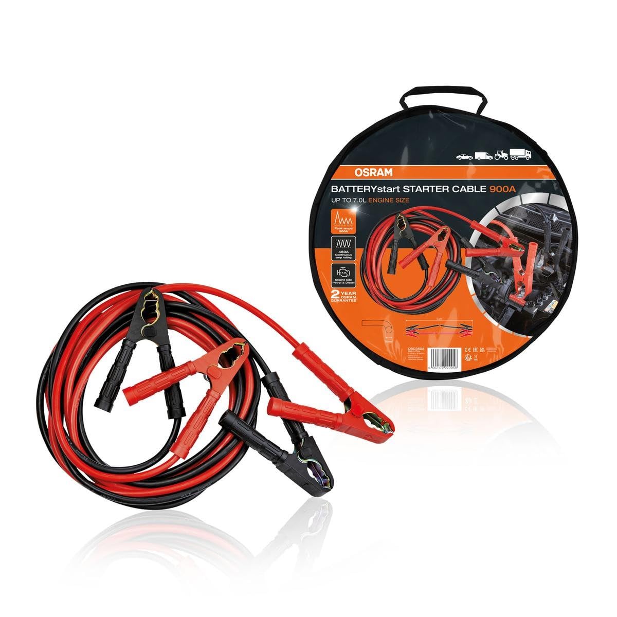 OSRAM STARTER CABLE 900A, Starthilfekabel für Benzin- & Dieselmotoren, 12/24V, OSC350A, Überbrückungskabel für ≤7,0L Motoren, kupferbeschichtetes Aluminium, 4,5m OSRAM STARTER CABLE 900A, Starthilfekabel für Benzin- & Dieselmotoren, 12/24V, OSC350A, Überbrückungskabel für ≤7,0L Motoren, kupferbeschichtetes Aluminium, 4,5m von Osram