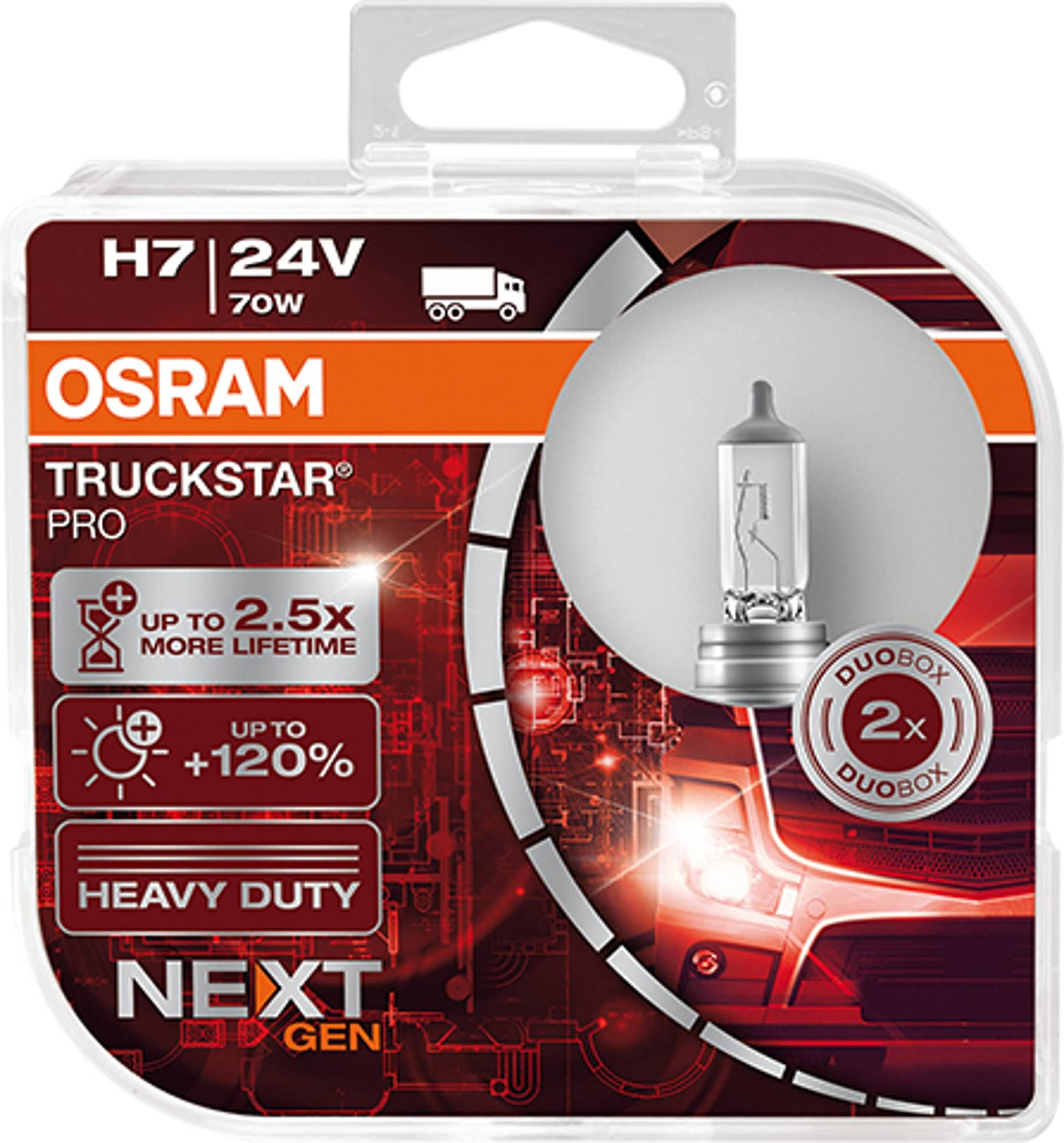 OSRAM TRUCKSTAR® PRO H7, 120% mehr Helligkeit, Halogen-Scheinwerferlampe, 64215TSP-HCB, 24V LKW Lampe, Duo Box (2 Lampen) von Osram