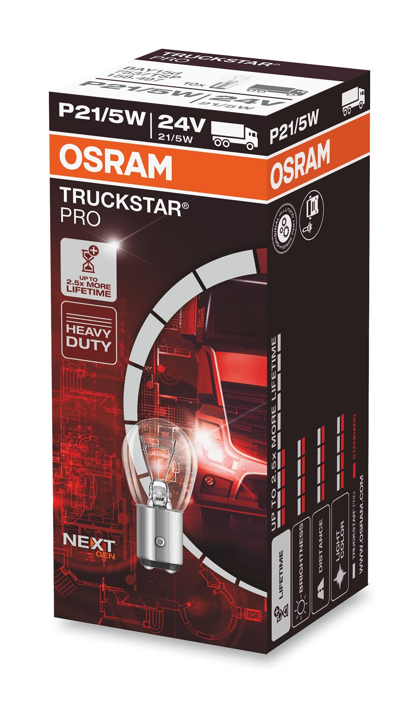 OSRAM TRUCKSTAR® PRO P21/5W, 120% mehr Helligkeit, Halogen-Signallampe, 7537TSP, 24V LKW Lampe, Faltschachtel (10 Lampen) von Osram