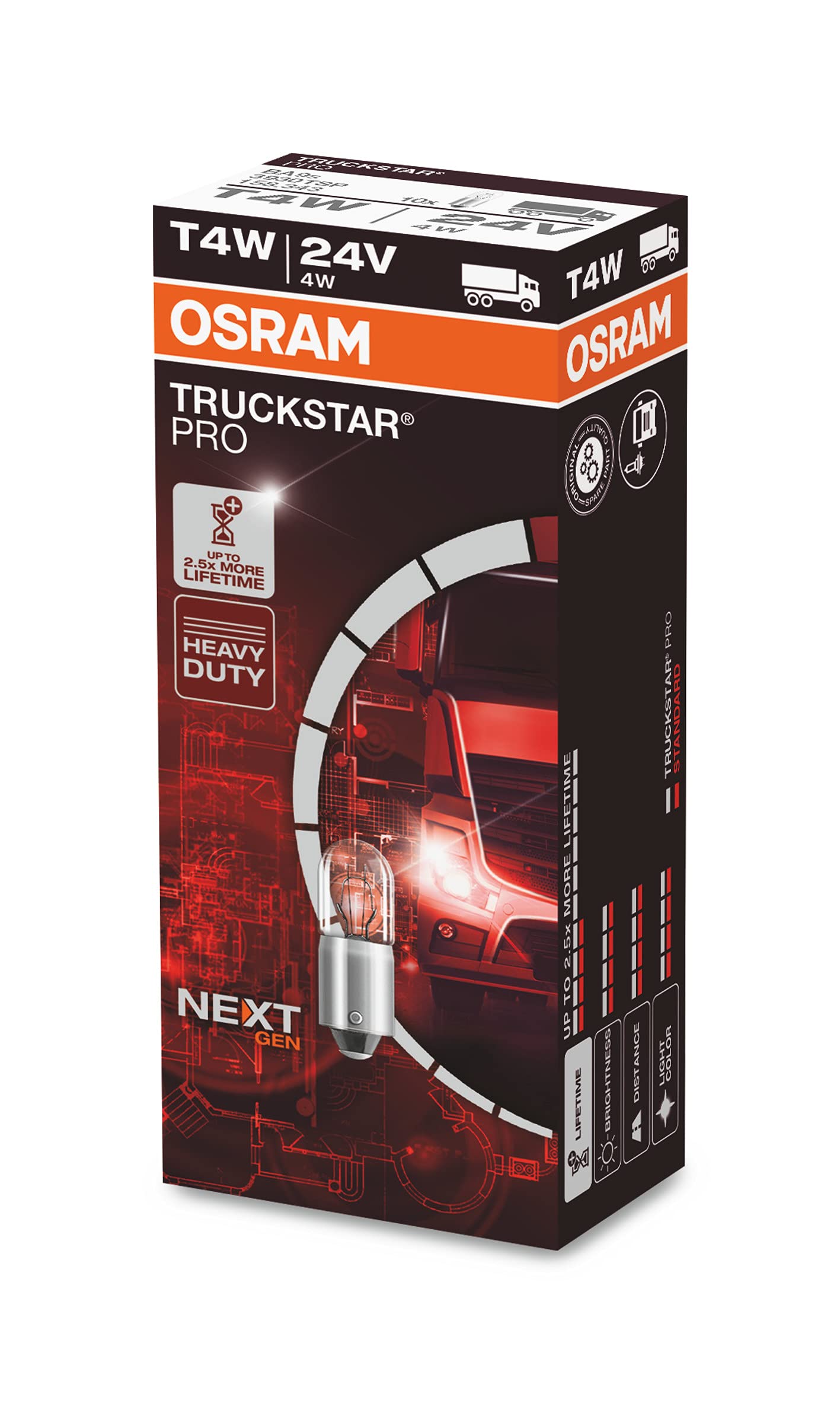 OSRAM TRUCKSTAR® PRO T4W, +120% mehr Helligkeit, Halogen-Signallampe, 3930TSP, 24V LKW Lampe, Faltschachtel (10 Lampen) von Osram