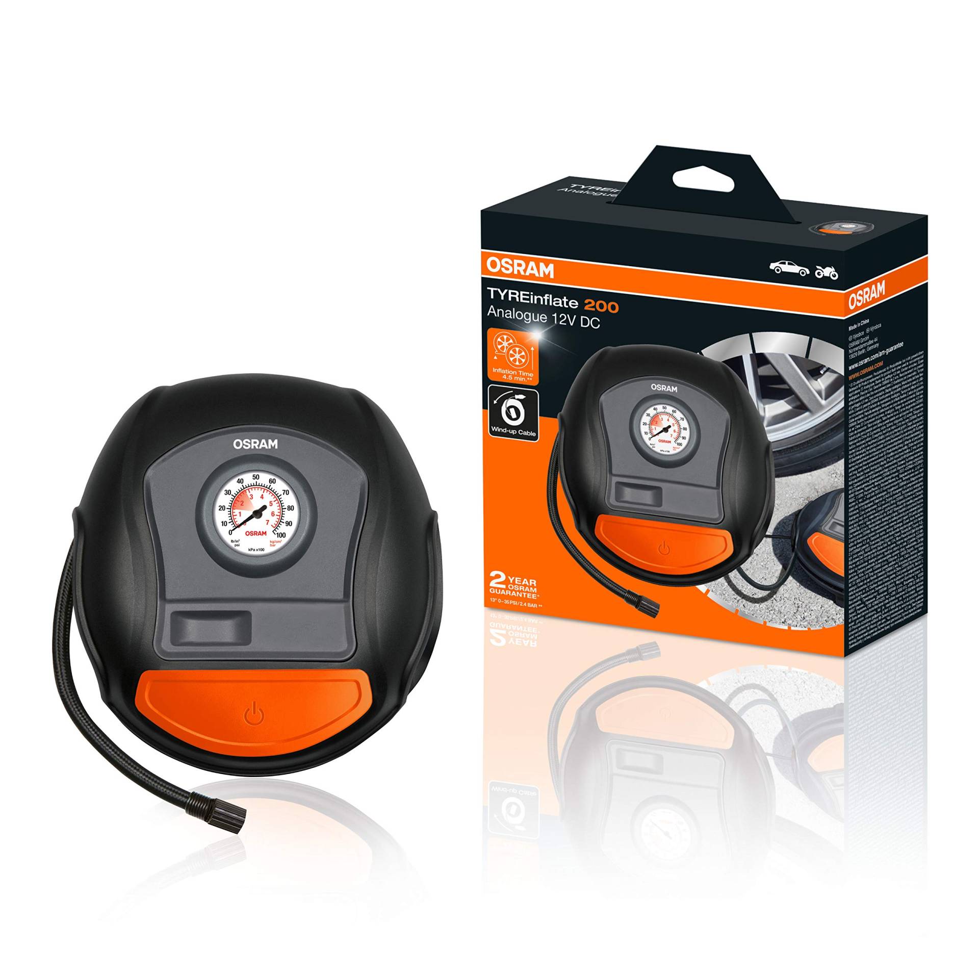OSRAM TYREinflate 200, Analoge Reifenpumpe, tragbarer 12V Kompressor für Autoreifen, Stromanschluss via Zigarettenanzünder, Reifenbefüllung in 4,5 Minuten OSRAM TYREinflate 200, Analoge Reifenpumpe, tragbarer 12V Kompressor für Autoreifen, Stromanschluss via Zigarettenanzünder, Reifenbefüllung in 4,5 Minuten von Osram