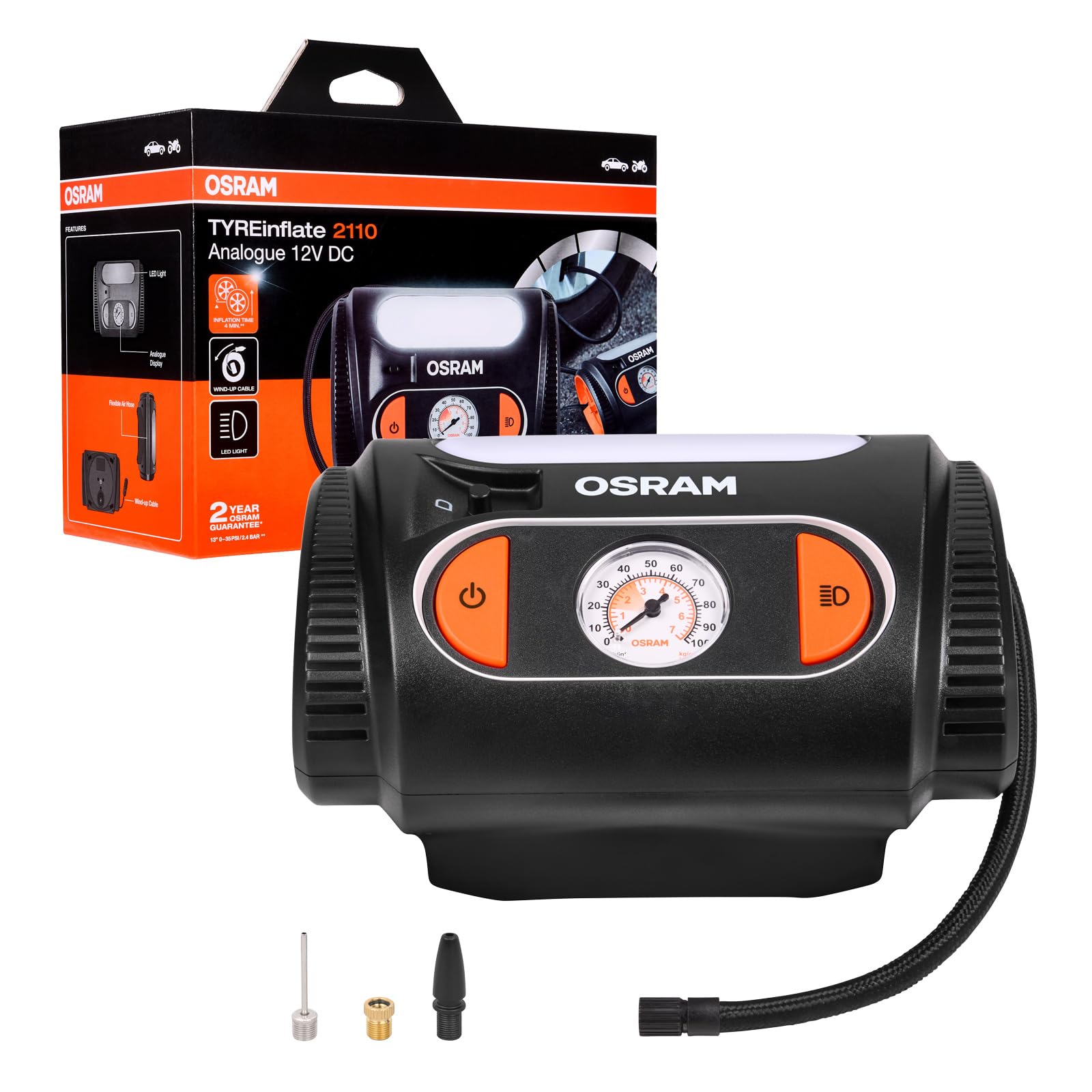 OSRAM TYREinflate 2110, Analoge Druckanzeige, aufwickelbares Stromkabel mit abgesicherter 12V-DC-Steckverbindung, Reifenfüllung in 4 Minuten OSRAM TYREinflate 2110, Analoge Druckanzeige, aufwickelbares Stromkabel mit abgesicherter 12V-DC-Steckverbindung, Reifenfüllung in 4 Minuten von Osram