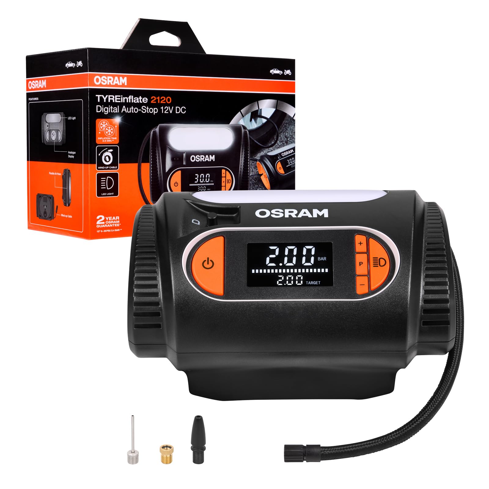 OSRAM TYREinflate 2120, Großes dynamisches Digitaldisplay, Auto-Stopp-Funktion, aufwickelbares Stromkabel mit abgesicherter 12V-DC-Steckverbindung, Reifenfüllung in 3.5 Minuten OSRAM TYREinflate 2120, Großes dynamisches Digitaldisplay, Auto-Stopp-Funktion, aufwickelbares Stromkabel mit abgesicherter 12V-DC-Steckverbindung, Reifenfüllung in 3.5 Minuten von Osram
