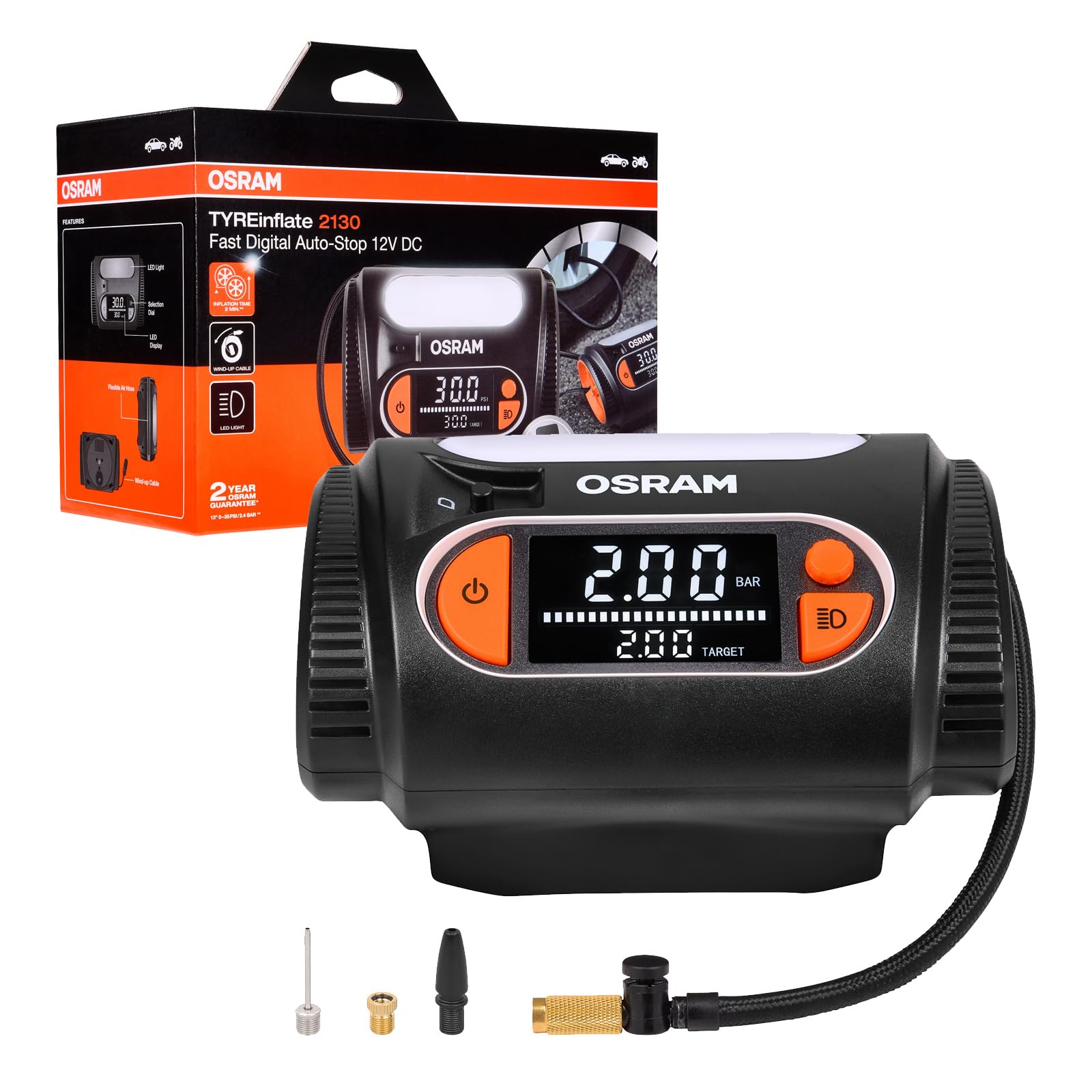 OSRAM TYREinflate 2130, Großes dynamisches Digitaldisplay, Auto-Stopp-Funktion, aufwickelbares Stromkabel mit abgesicherter 12V-DC-Steckverbindung, Reifenfüllung in 2 Minuten OSRAM TYREinflate 2130, Großes dynamisches Digitaldisplay, Auto-Stopp-Funktion, aufwickelbares Stromkabel mit abgesicherter 12V-DC-Steckverbindung, Reifenfüllung in 2 Minuten von Osram