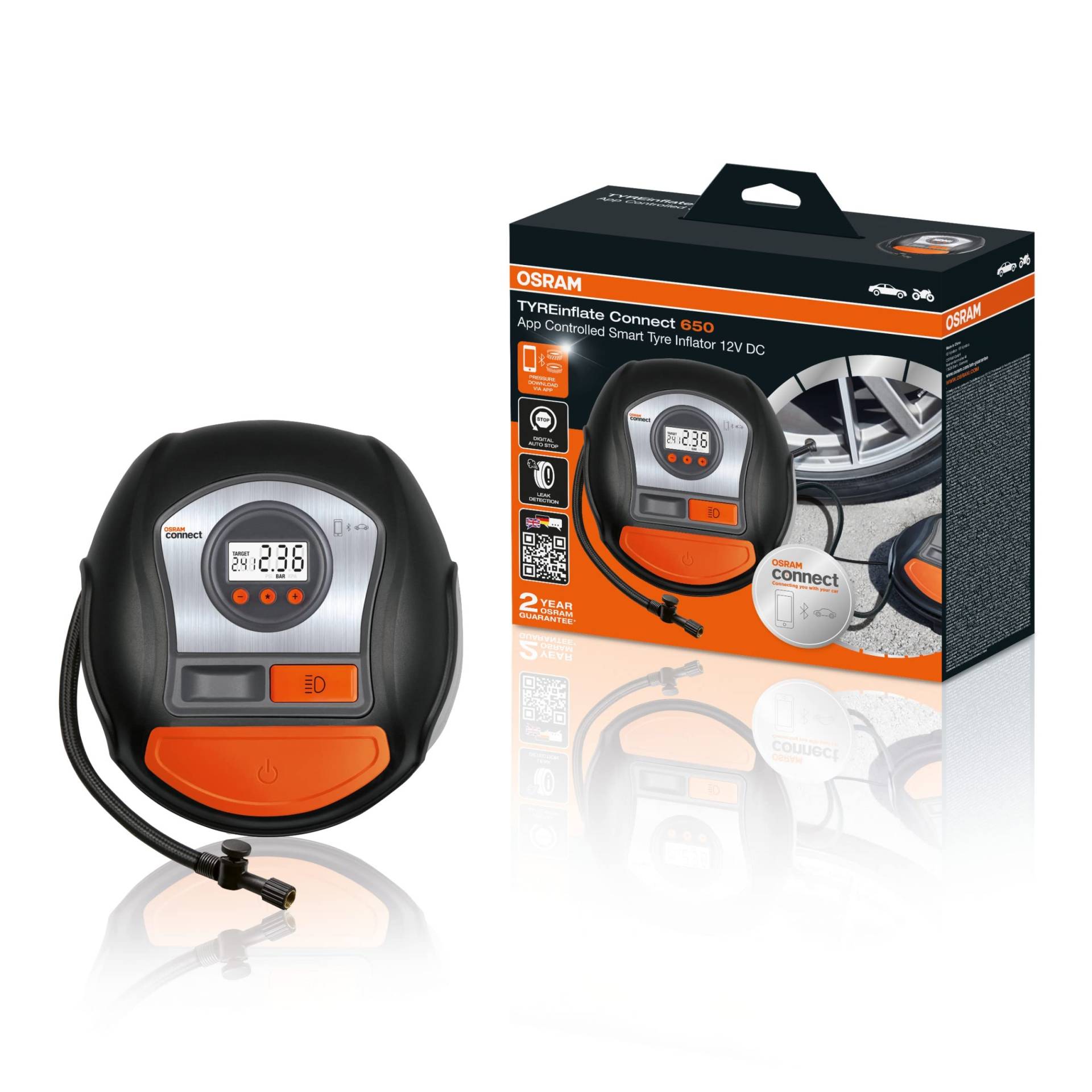 OSRAM TYREinflate Connect 650, Digitales Reifenfüllgerät mit Auto-Stopp und LED Licht, tragbarer 12V Kompressor für Autoreifen, Stromanschluss via Zigarettenanzünder, Reifenbefüllung in 3 Minuten von Osram