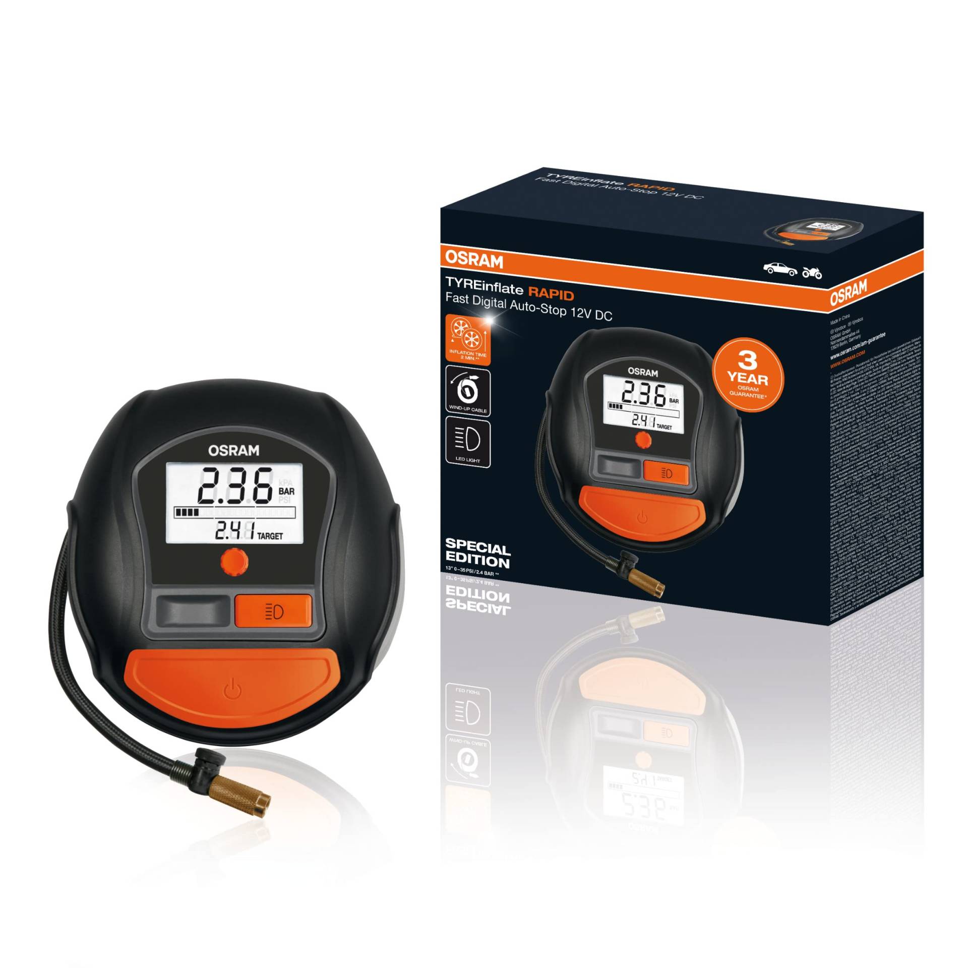 OSRAM TYREinflate RAPID, digitaler 12V Luftkompressor, tragbarer Kompressor, Auto-Stopp, LED Licht, programmierbar, elektrische Luftpumpe für Reifen, 12V Anschluss, Reifenbefüllung in 2 Min OSRAM TYREinflate RAPID, digitaler 12V Luftkompressor, tragbarer Kompressor, Auto-Stopp, LED Licht, programmierbar, elektrische Luftpumpe für Reifen, 12V Anschluss, Reifenbefüllung in 2 Min von Osram