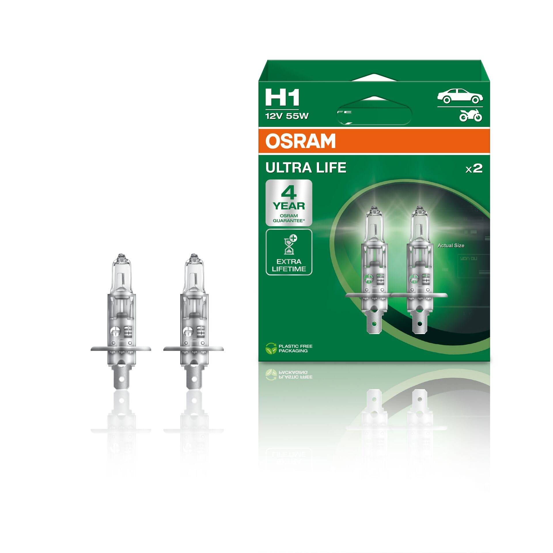 Osram ULTRA LIFE H1, Halogen-Scheinwerferlampe, 64150ULT-HCB, 12V PKW, Duobox (2 Stück) von Osram