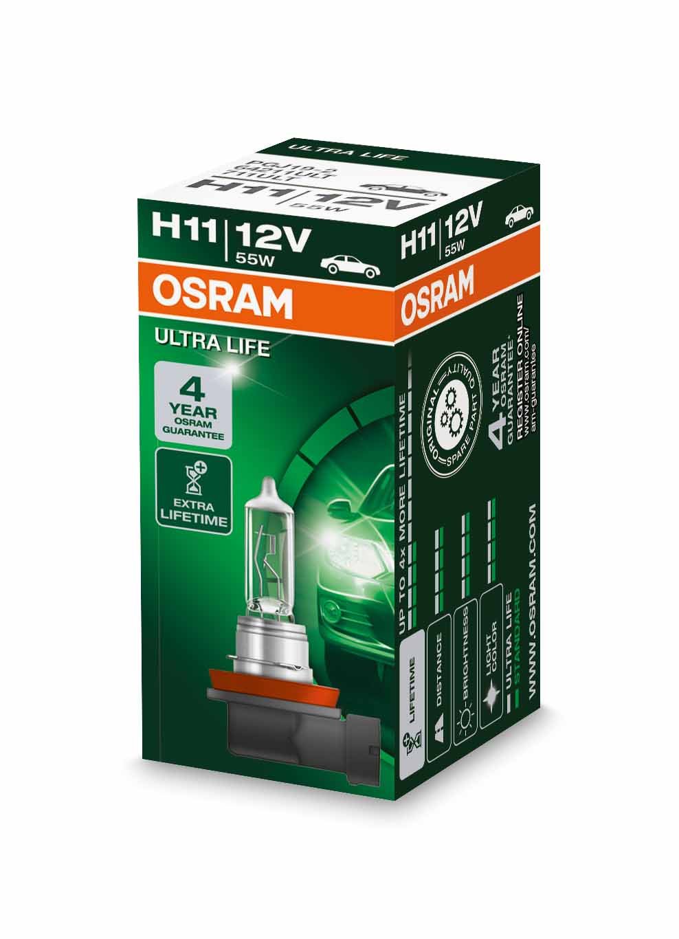 Osram ULTRA LIFE H11, Halogen-Scheinwerferlampe, 64211ULT, 12V PKW, Faltschachtel (1 Stück) von Osram