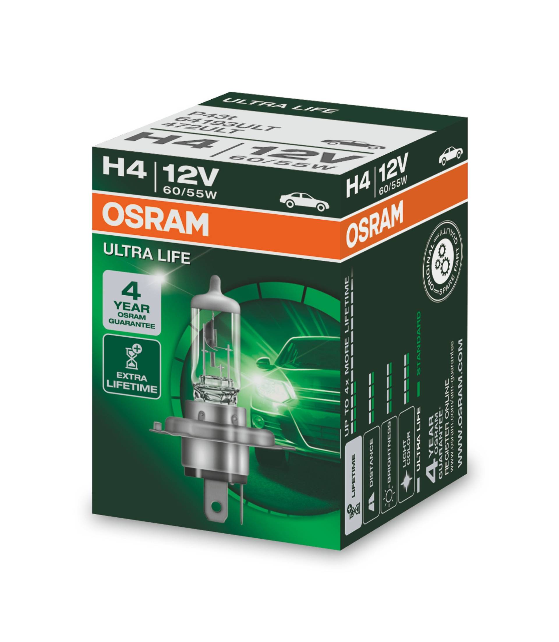 Osram ULTRA LIFE H4, Halogen-Scheinwerferlampe, 64193ULT, 12V PKW, Faltschachtel (1 Stück) von Osram