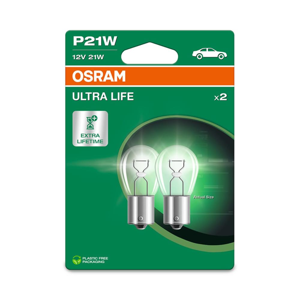 Osram ULTRA LIFE P21W, Halogen-Signallampe, Bremslicht, Nebelschlussleuchte, 7506ULT-2BL, 12V PKW, Doppelblister (2 Stück), white von Osram