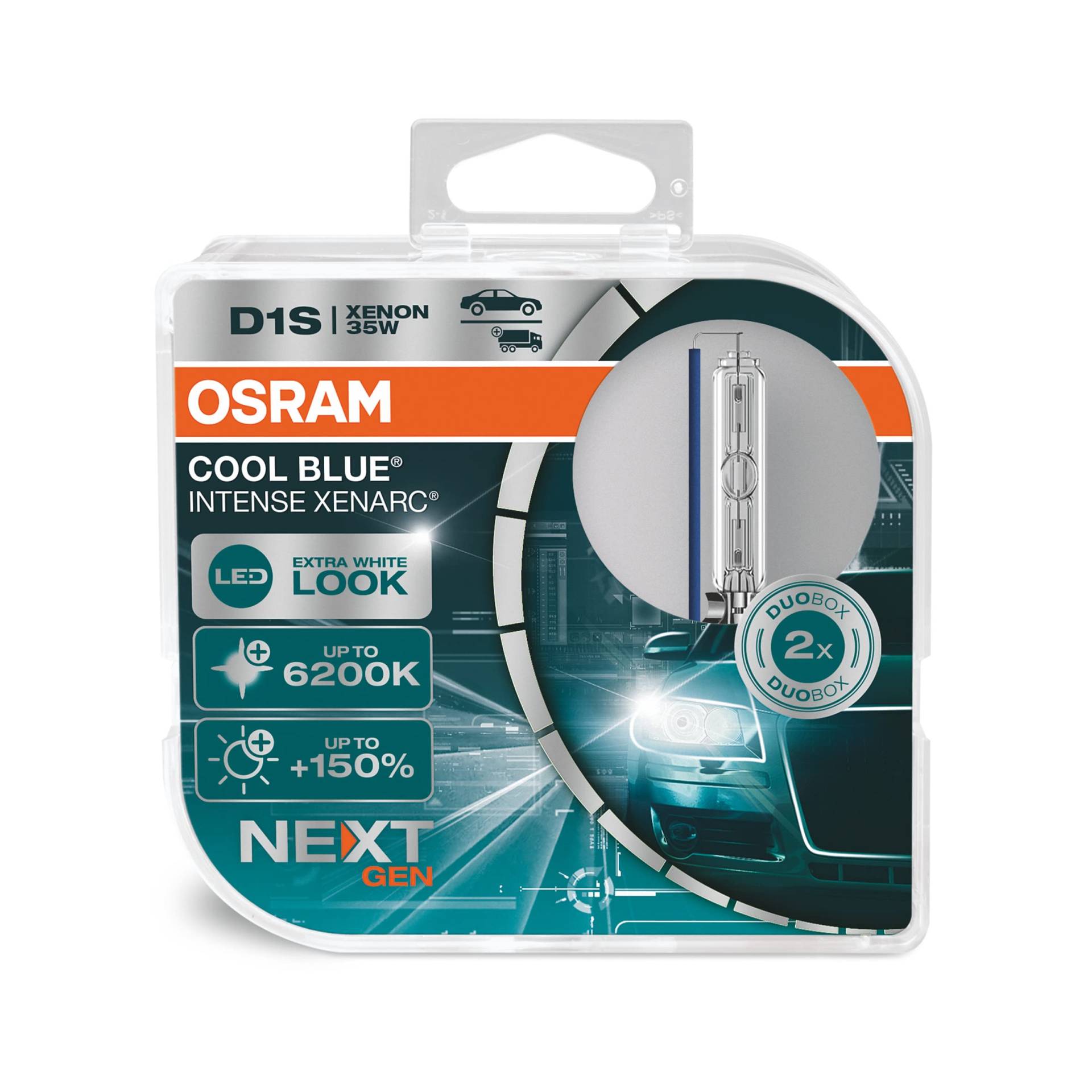OSRAM XENARC COOL BLUE INTENSE D1S, 150% mehr Helligkeit, bis zu 6.200K, Xenon-Scheinwerferlampe, LED Look, Duo Box (2 Lampen) von Osram