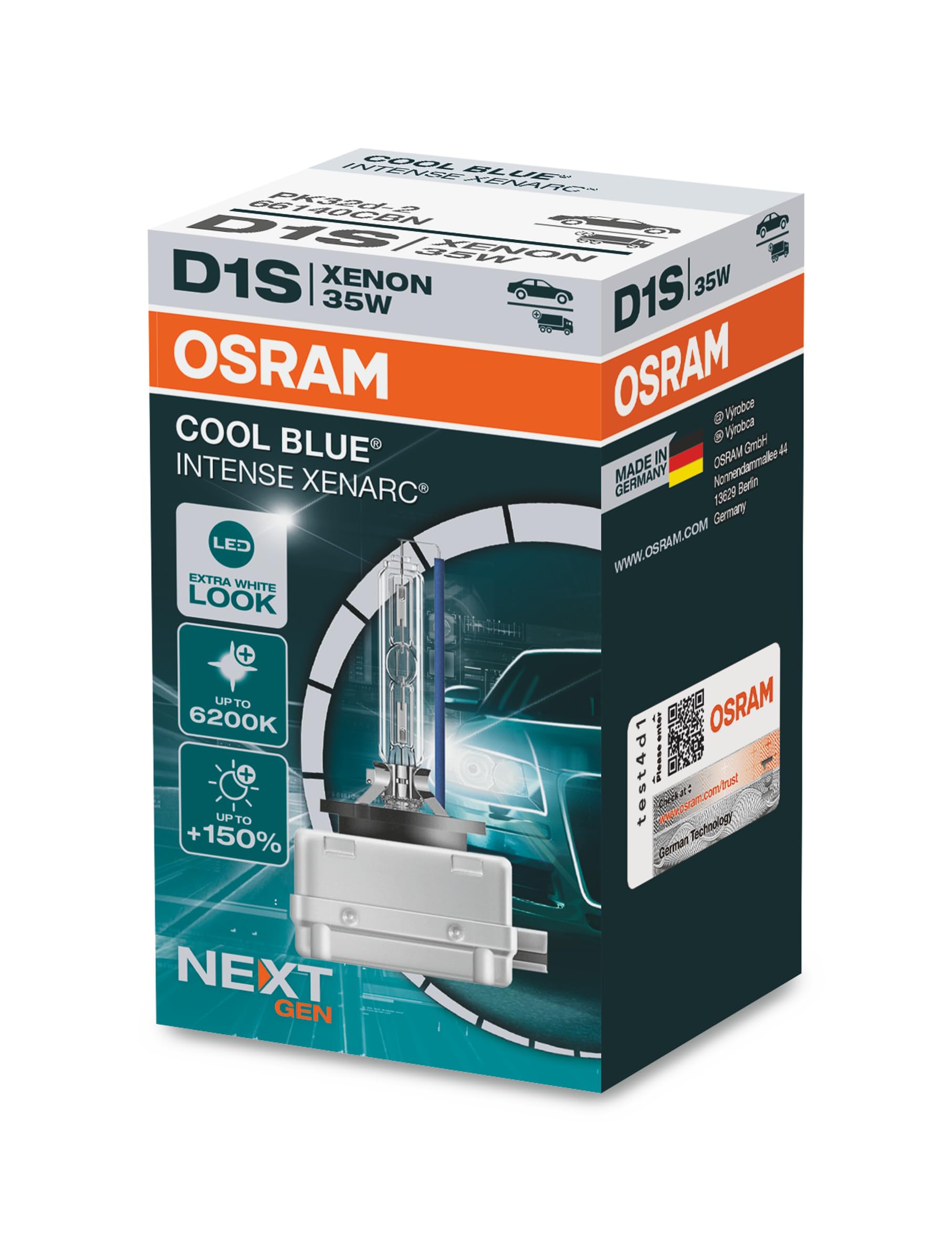 Osram XENARC Cool Blue Intense D1S, +150Prozent mehr Helligkeit, bis zu 6.200K, Xenon-Scheinwerferlampe, LED Look, Faltschachtel (1 Lampe), White, Carton folding Box von Osram