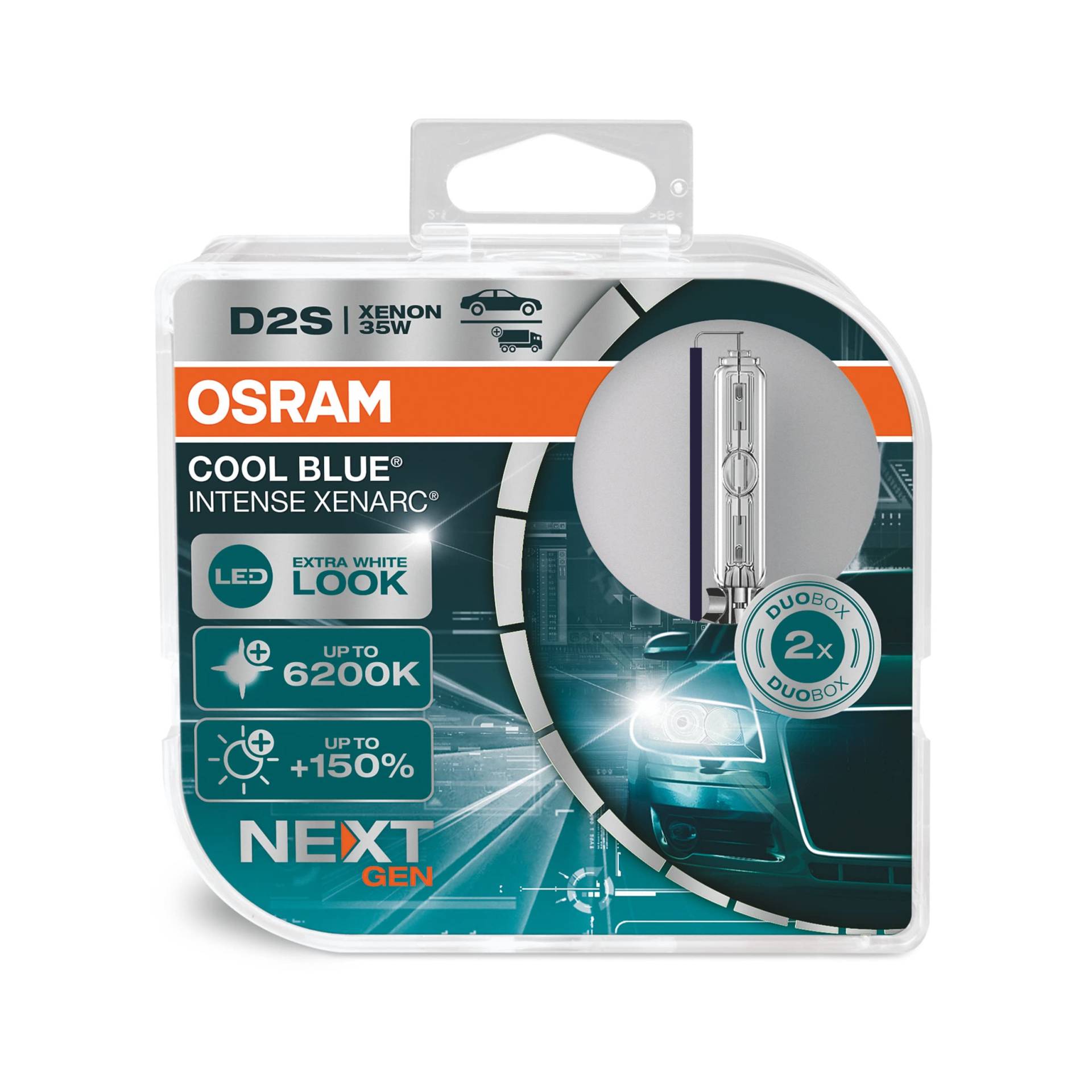 OSRAM Xenarc Cool Blue Intense D2S, 150 Prozent Mehr Helligkeit, Bis Zu 6.200 K, Xenon-Scheinwerferlampe, Led Look, White - Duo Box (2 Lampen) von Osram