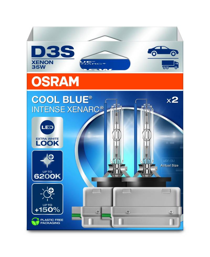OSRAM XENARC® COOL BLUE® INTENSE D3S, +150% mehr Helligkeit, bis zu 6.200K, Xenon-Scheinwerferlampe, LED Look, Hängebox (2 Lampen) von Osram