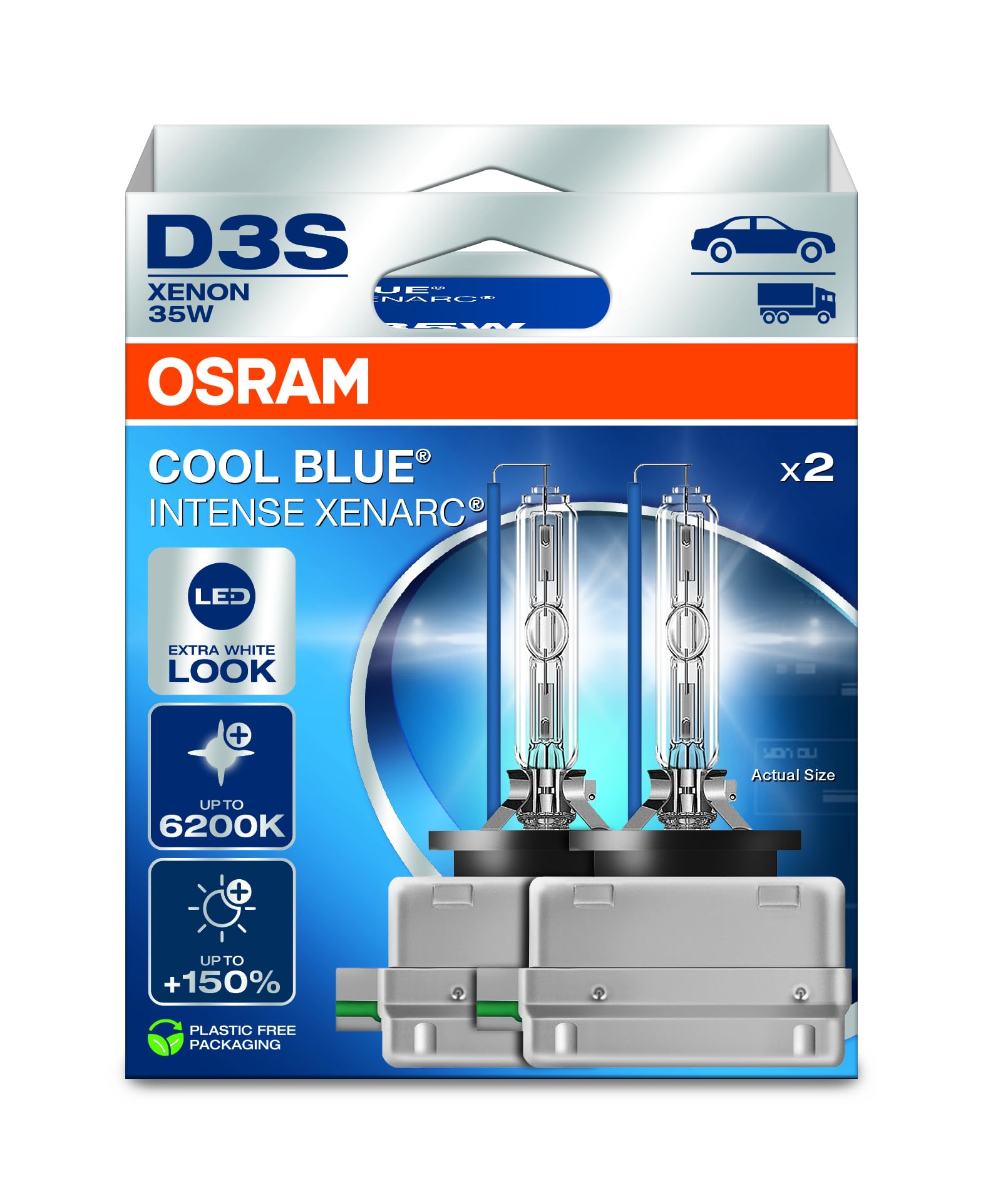 OSRAM XENARC® COOL BLUE® INTENSE D3S, +150% mehr Helligkeit, bis zu 6.200K, Xenon-Scheinwerferlampe, LED Look, Hängebox (2 Lampen) von Osram