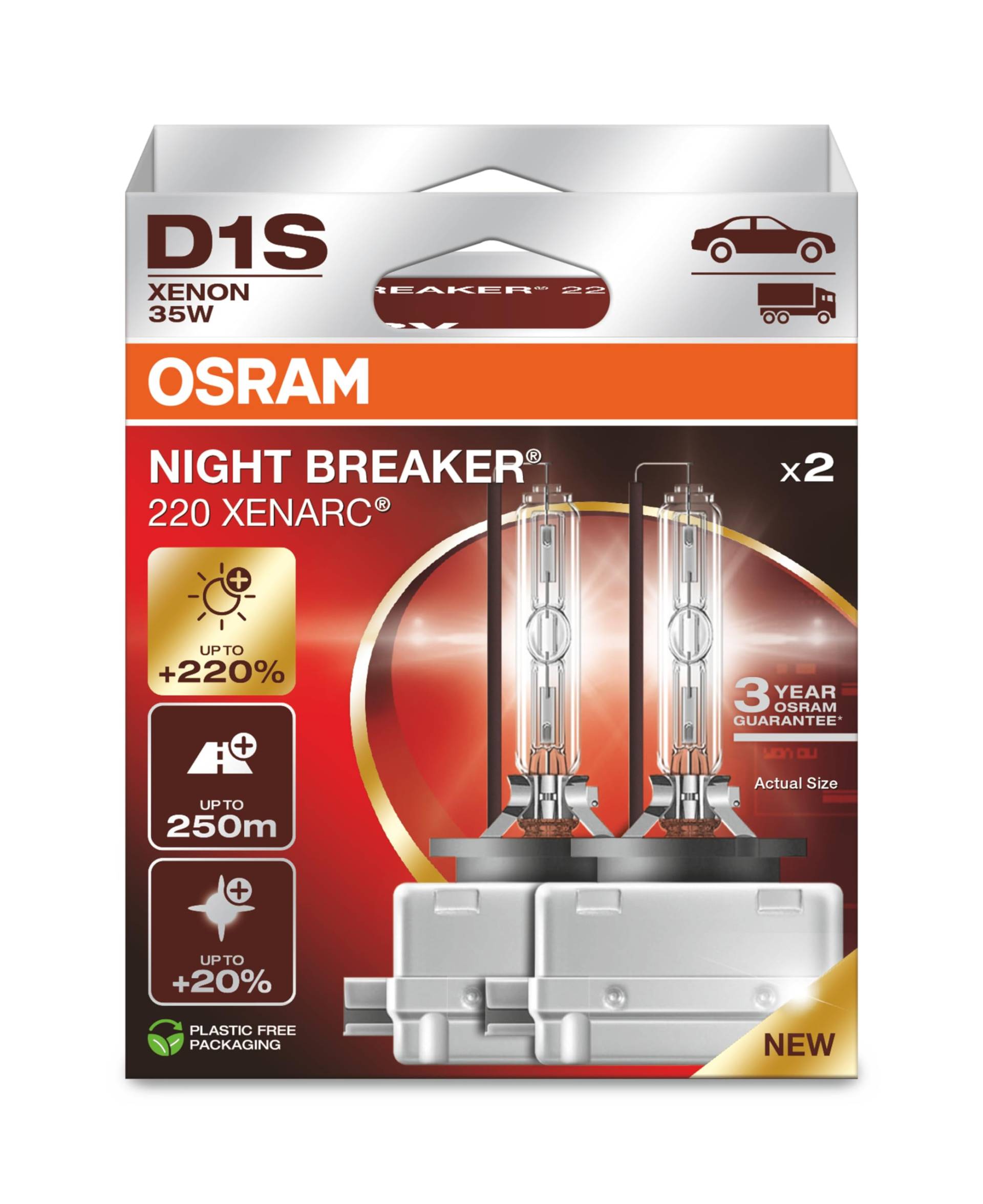 OSRAM XENARC NIGHT BREAKER 220, D1S, 220% mehr Helligkeit, Xenon-Scheinwerferlampe, 66140XN2-2HB, Faltschachtel (2 Lampen) von Osram