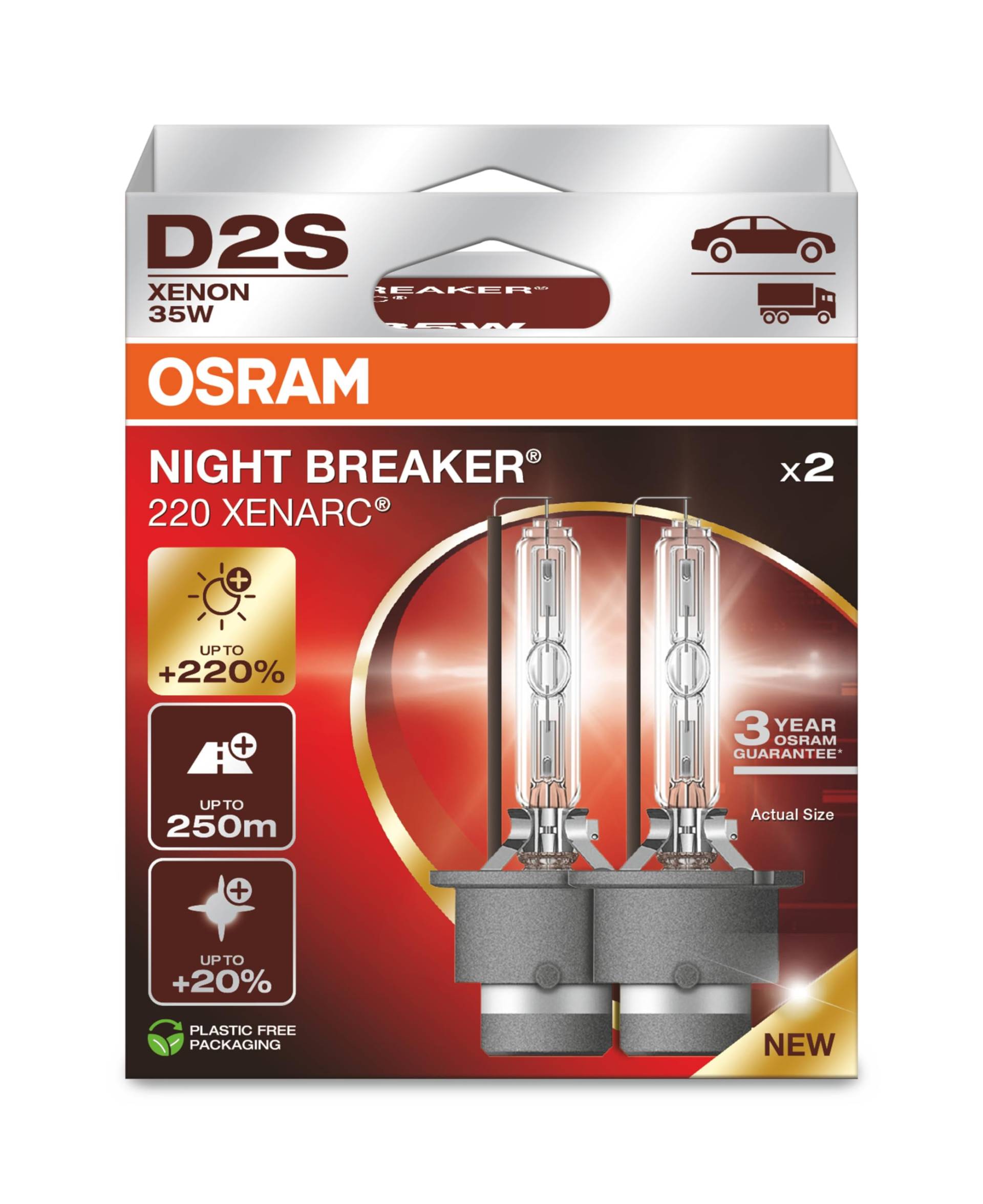 OSRAM XENARC NIGHT BREAKER 220, D2S, 220% mehr Helligkeit, Xenon-Scheinwerferlampe, 66240XN2-2HB, Faltschachtel (2 Lampen) von Osram