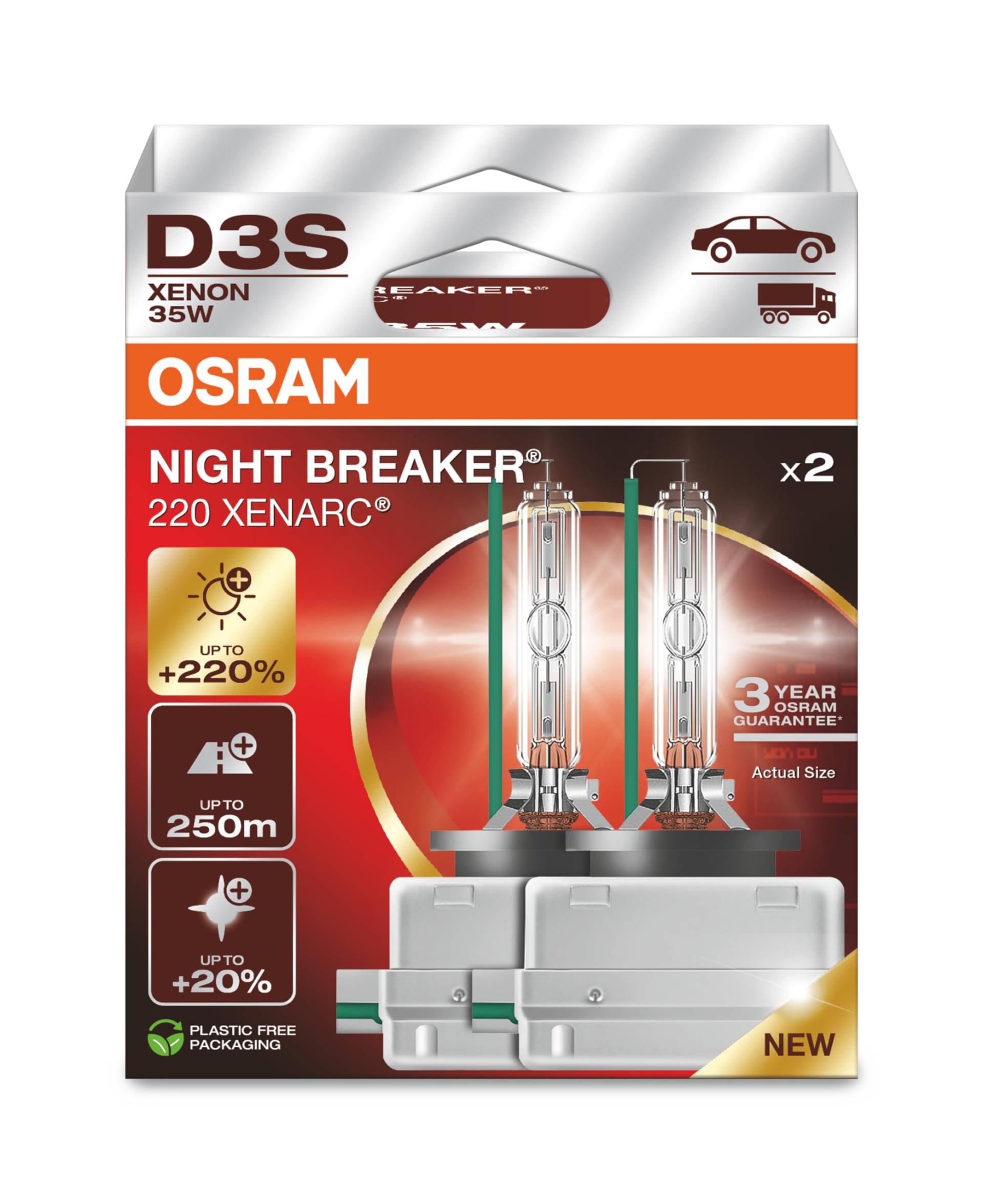 OSRAM XENARC NIGHT BREAKER 220, D3S, 220% mehr Helligkeit, Xenon-Scheinwerferlampe, 66340XN2-2HB, Faltschachtel (2 Lampen) von Osram