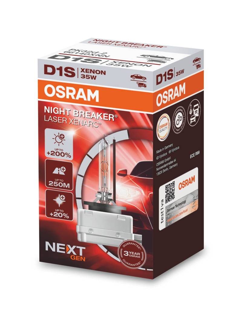 OSRAM XENARC NIGHT BREAKER LASER D1S Next Generation, +200 % mehr Helligkeit, HID Xenon-Scheinwerferlampe, 66140XNN, Faltschachtel (1 Lampe) von Osram
