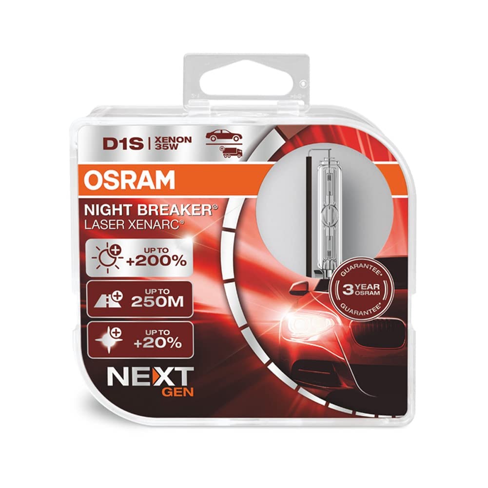OSRAM XENARC NIGHT BREAKER LASER D1S Next Generation, +200 % mehr Helligkeit, HID Xenon-Scheinwerferlampe, 66140XNN-HCB, Duo Box (2 Lampen) von Osram