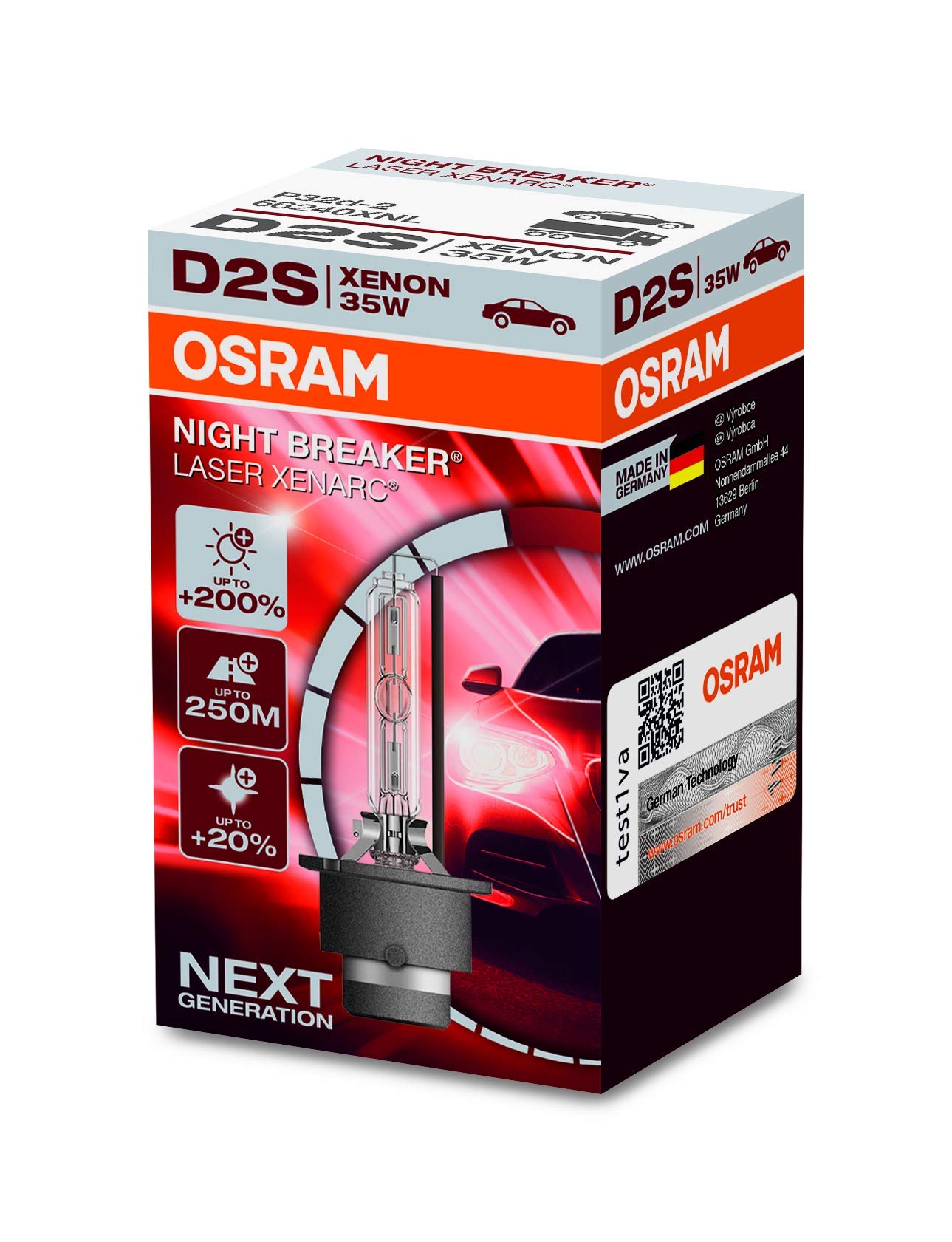 OSRAM XENARC NIGHT BREAKER LASER D2S, +200 % mehr Helligkeit, HID Xenon-Scheinwerferlampe, 66240XNL, Faltschachtel (1 Lampe) von Osram