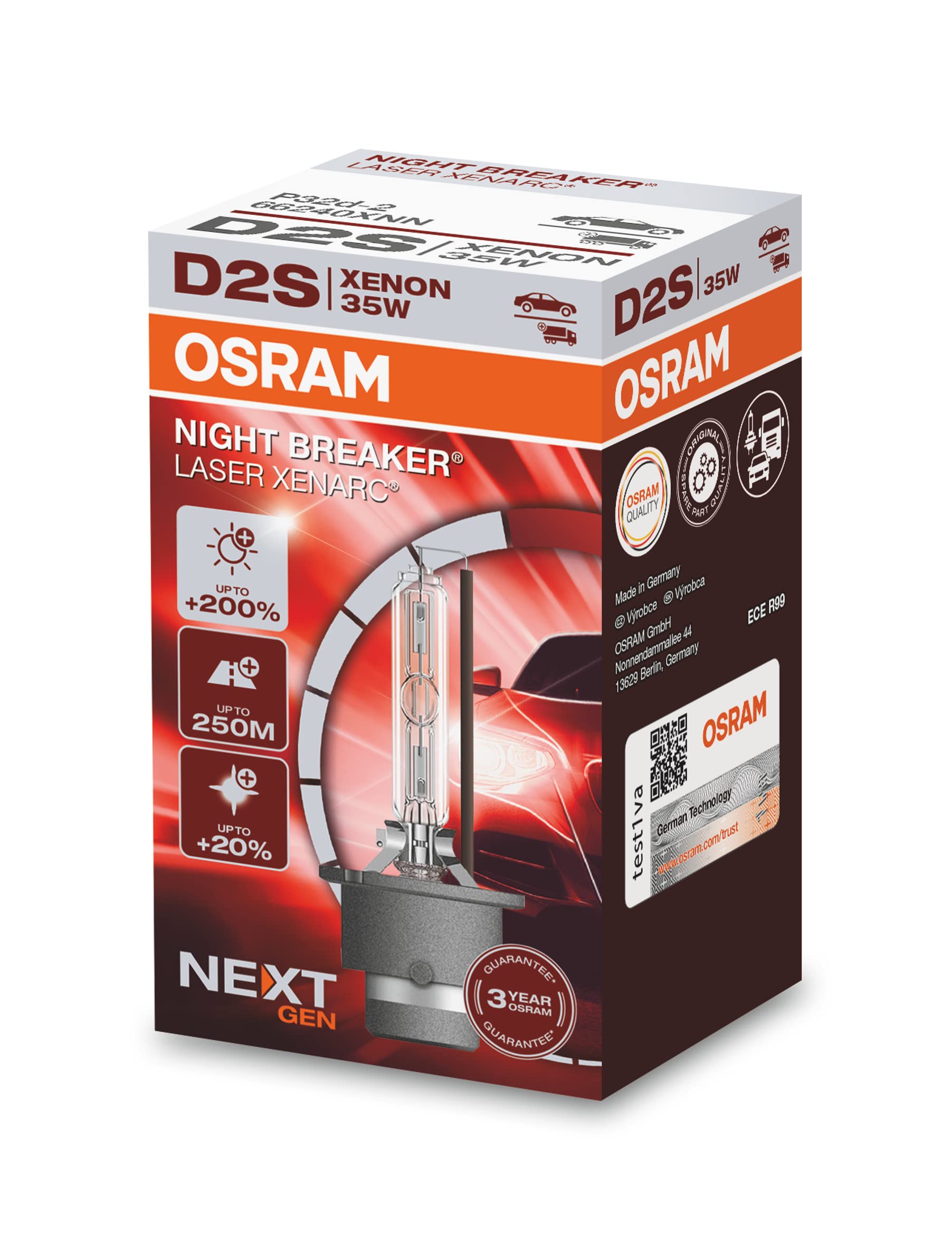 OSRAM XENARC NIGHT BREAKER LASER D2S Next Generation, +200 % mehr Helligkeit, HID Xenon-Scheinwerferlampe, 66240XNN, Faltschachtel (1 Lampe) von Osram