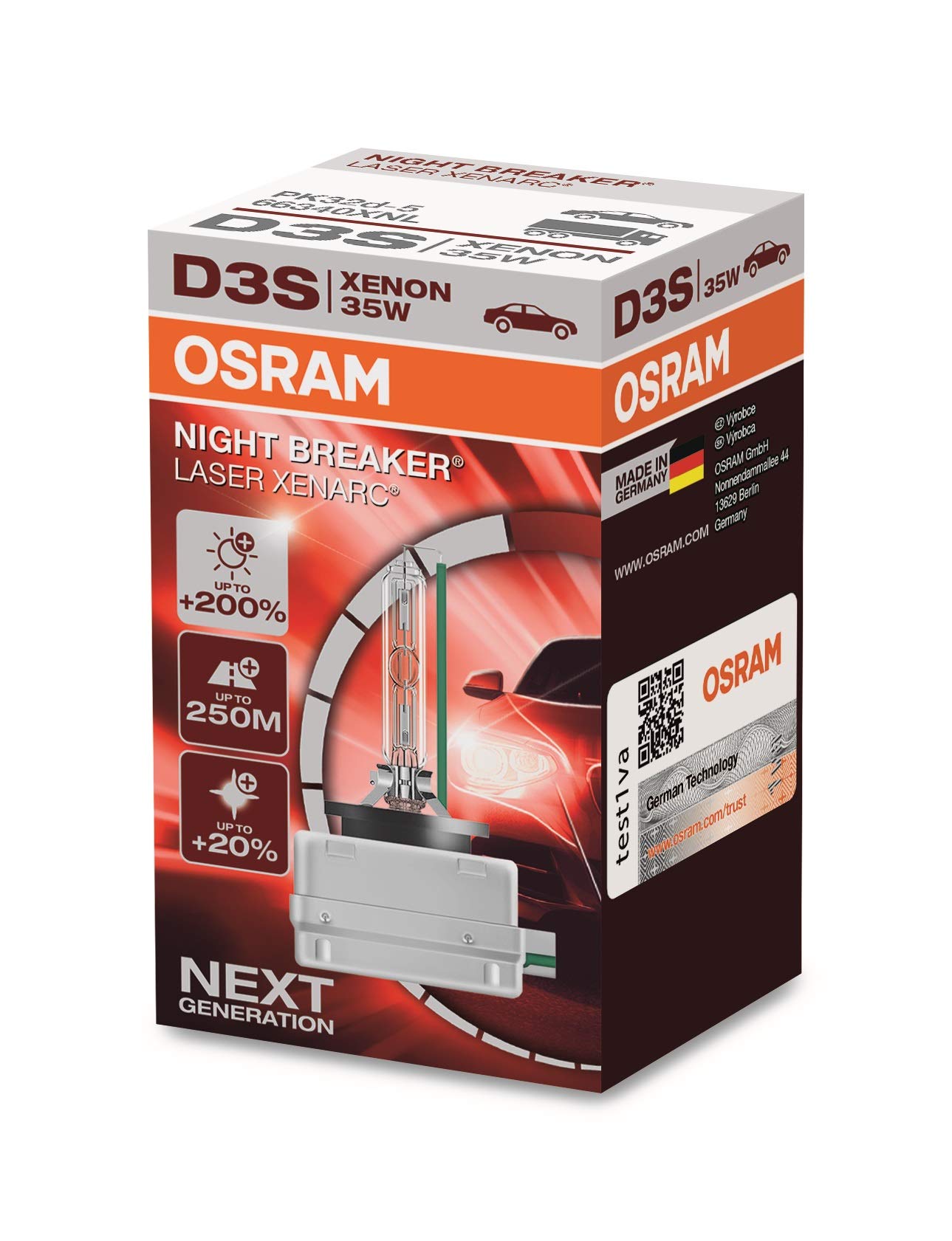OSRAM XENARC NIGHT BREAKER LASER D3S, +200 % mehr Helligkeit, HID Xenon-Scheinwerferlampe, 66340XNL, Faltschachtel (1 Lampe) von Osram