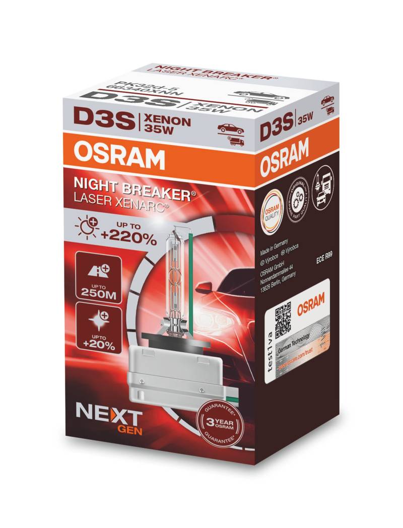 OSRAM XENARC NIGHT BREAKER LASER D3S Next Generation, +220 % mehr Helligkeit, HID Xenon-Scheinwerferlampe, 66340XNN, Faltschachtel (1 Lampe) von Osram