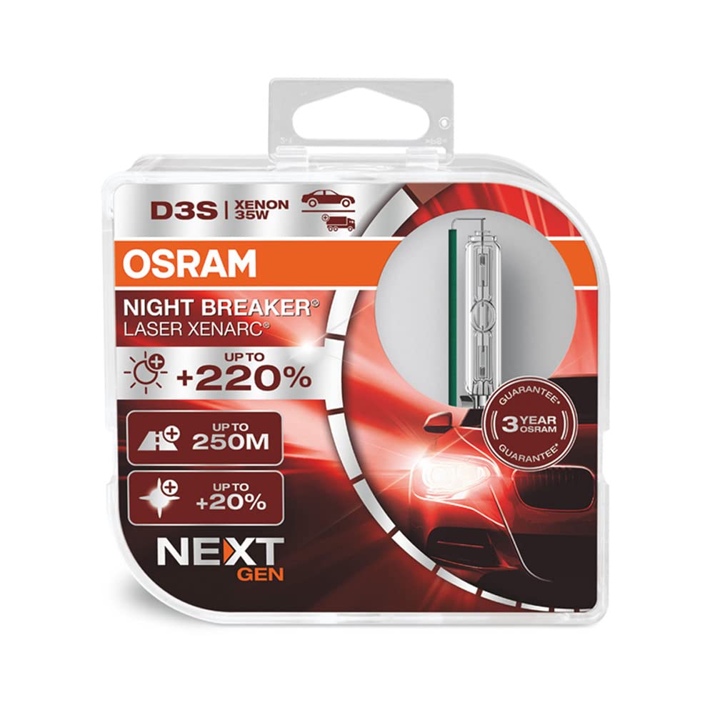 OSRAM XENARC NIGHT BREAKER LASER D3S Next Generation, +220 % mehr Helligkeit, HID Xenon-Scheinwerferlampe, 66340XNN-HCB, Duo Box (2 Lampen) von Osram