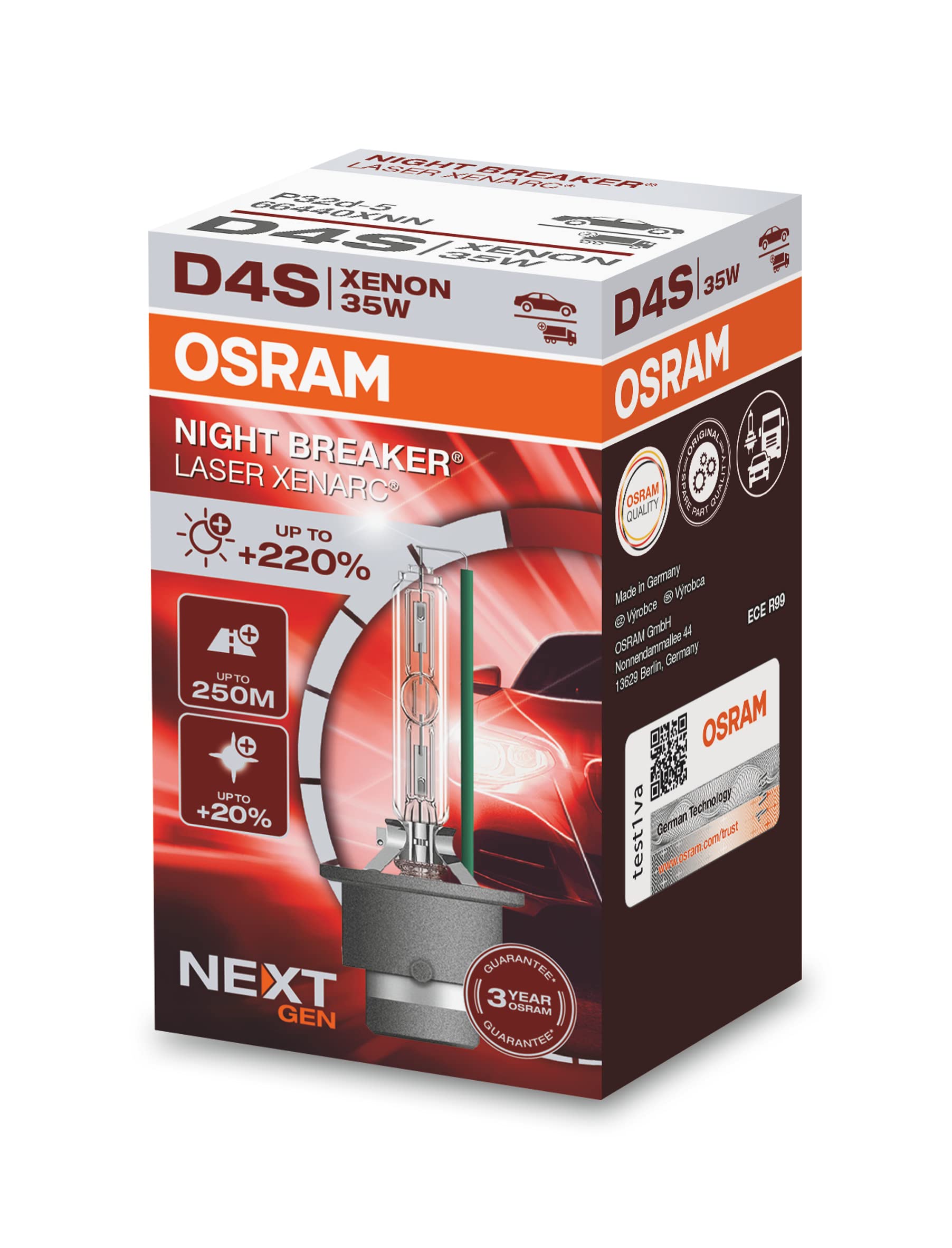 OSRAM XENARC NIGHT BREAKER LASER D4S Next Generation, +220 % mehr Helligkeit, HID Xenon-Scheinwerferlampe, 66440XNN, Faltschachtel (1 Lampe) von Osram
