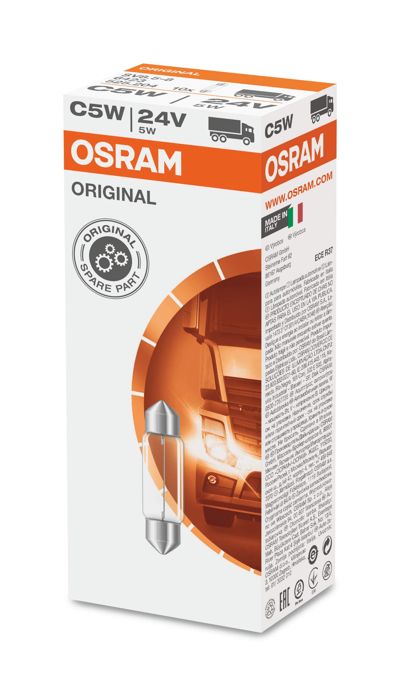 Osram 6423 ORIGINAL Sofittenlampe Innenbeleuchtung C5W, 24V, 1 Lampe, Anzahl 10 von Osram