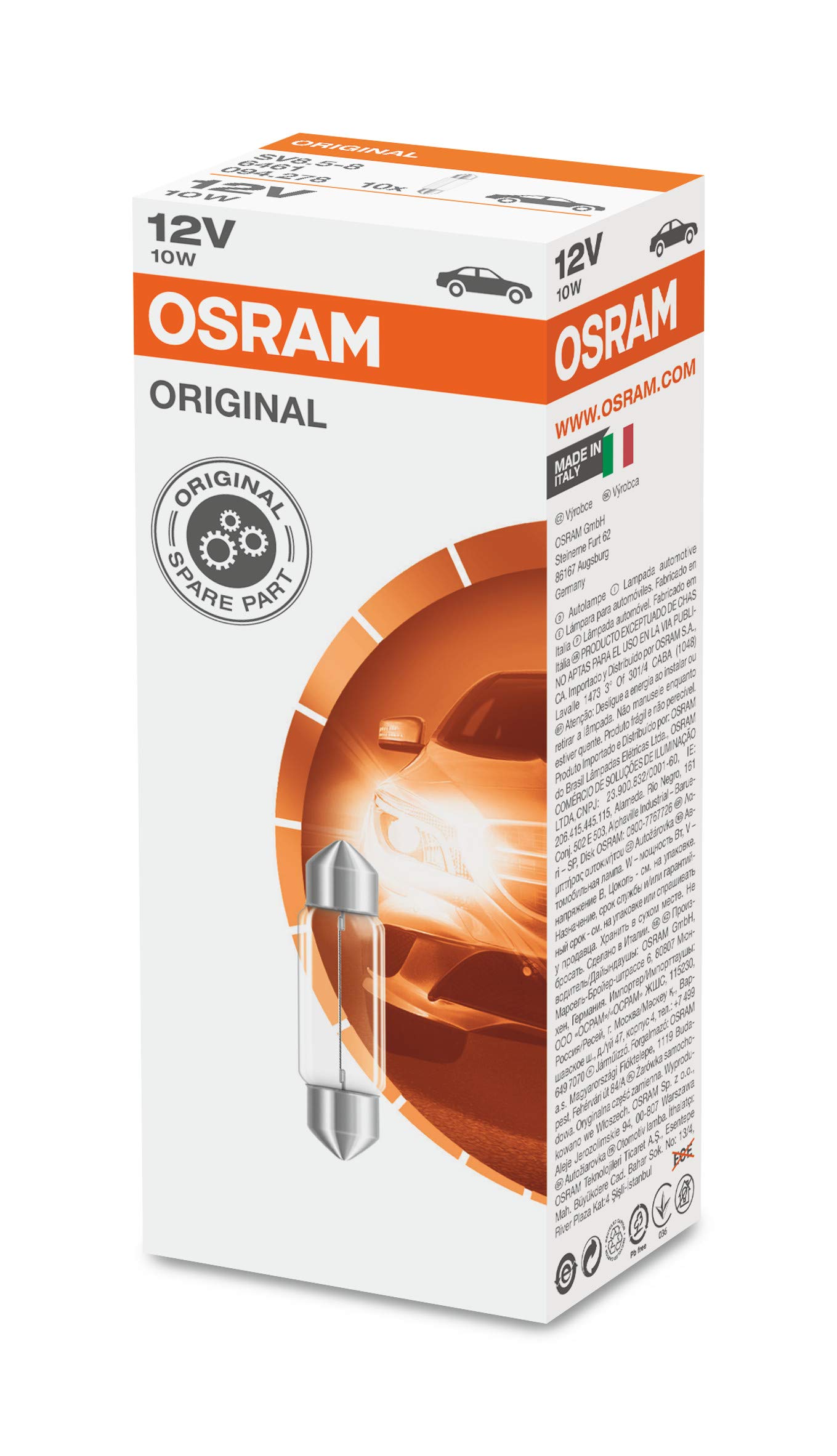 Osram 6461 ORIGINAL Sofittenlampe, Sockel SV8.5-8, 12V, 10W, 1 Lampe, Anzahl 10 von Osram